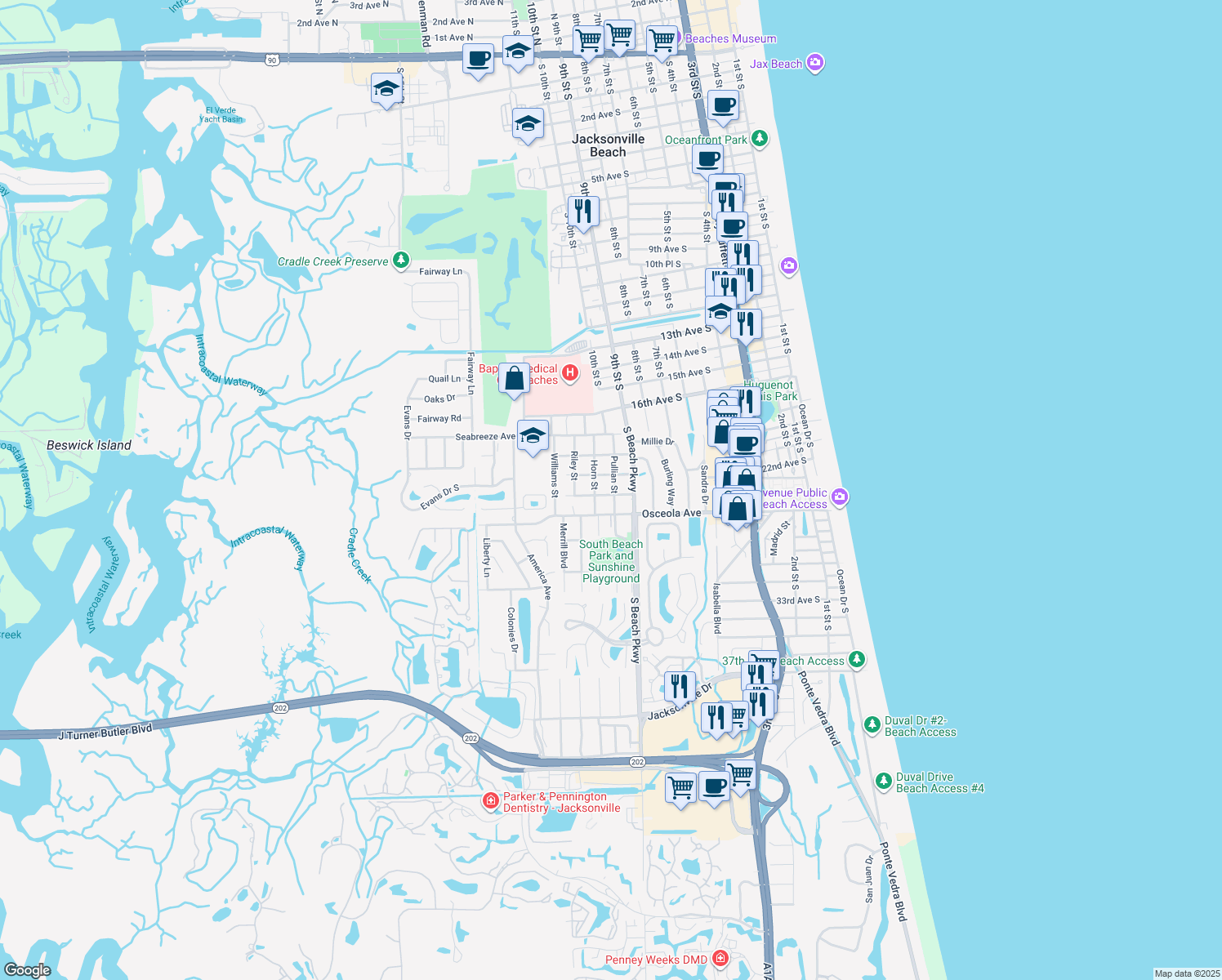 map of restaurants, bars, coffee shops, grocery stores, and more near 1011 Theodore Ave in Jacksonville Beach