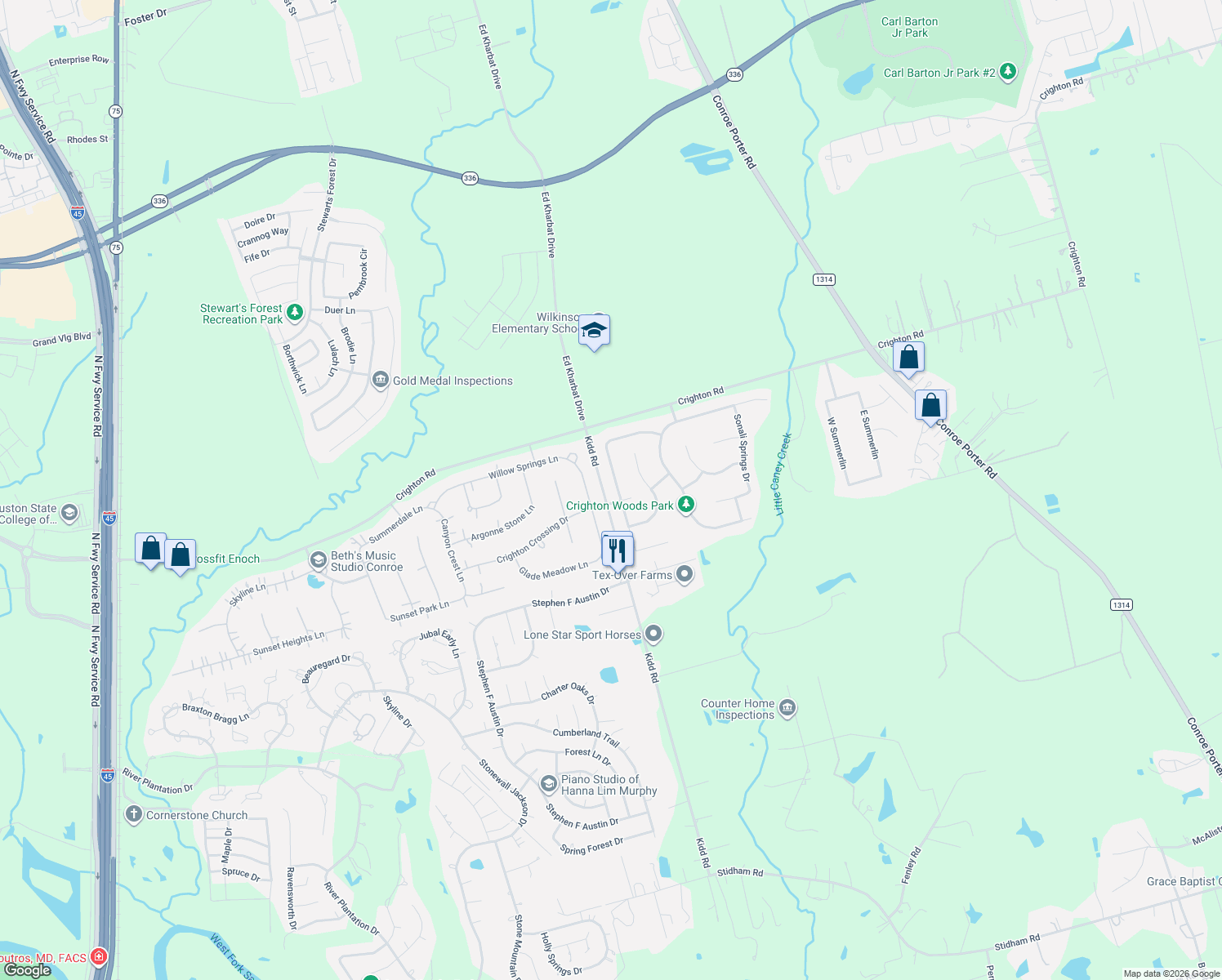 map of restaurants, bars, coffee shops, grocery stores, and more near 13224 Misty Sage Drive in Conroe