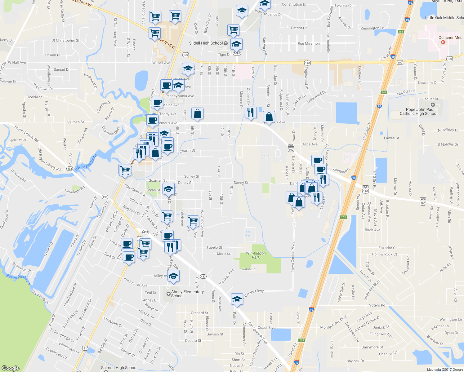 map of restaurants, bars, coffee shops, grocery stores, and more near 2516 11th Street in Slidell
