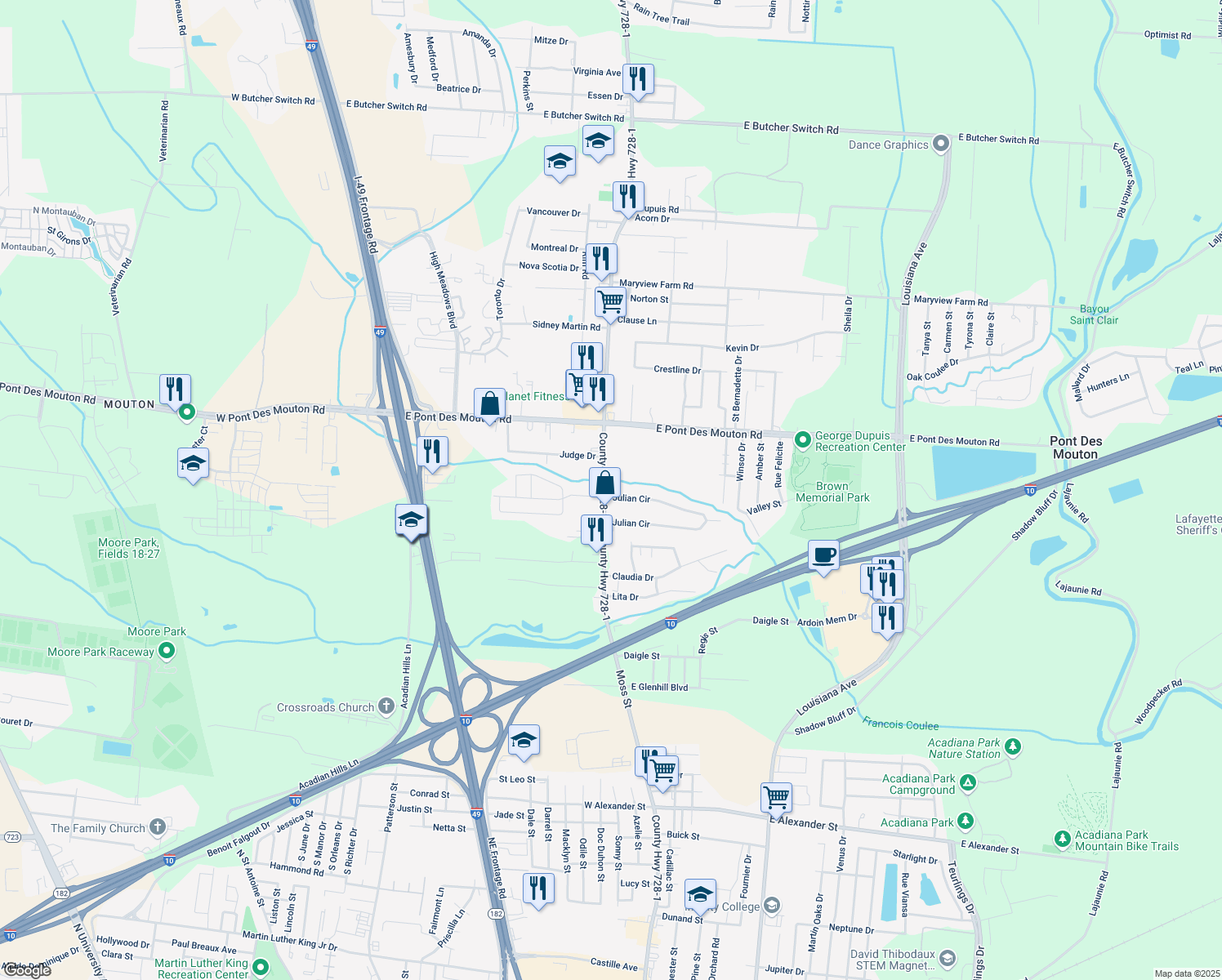 map of restaurants, bars, coffee shops, grocery stores, and more near 101 Julian Circle in Lafayette