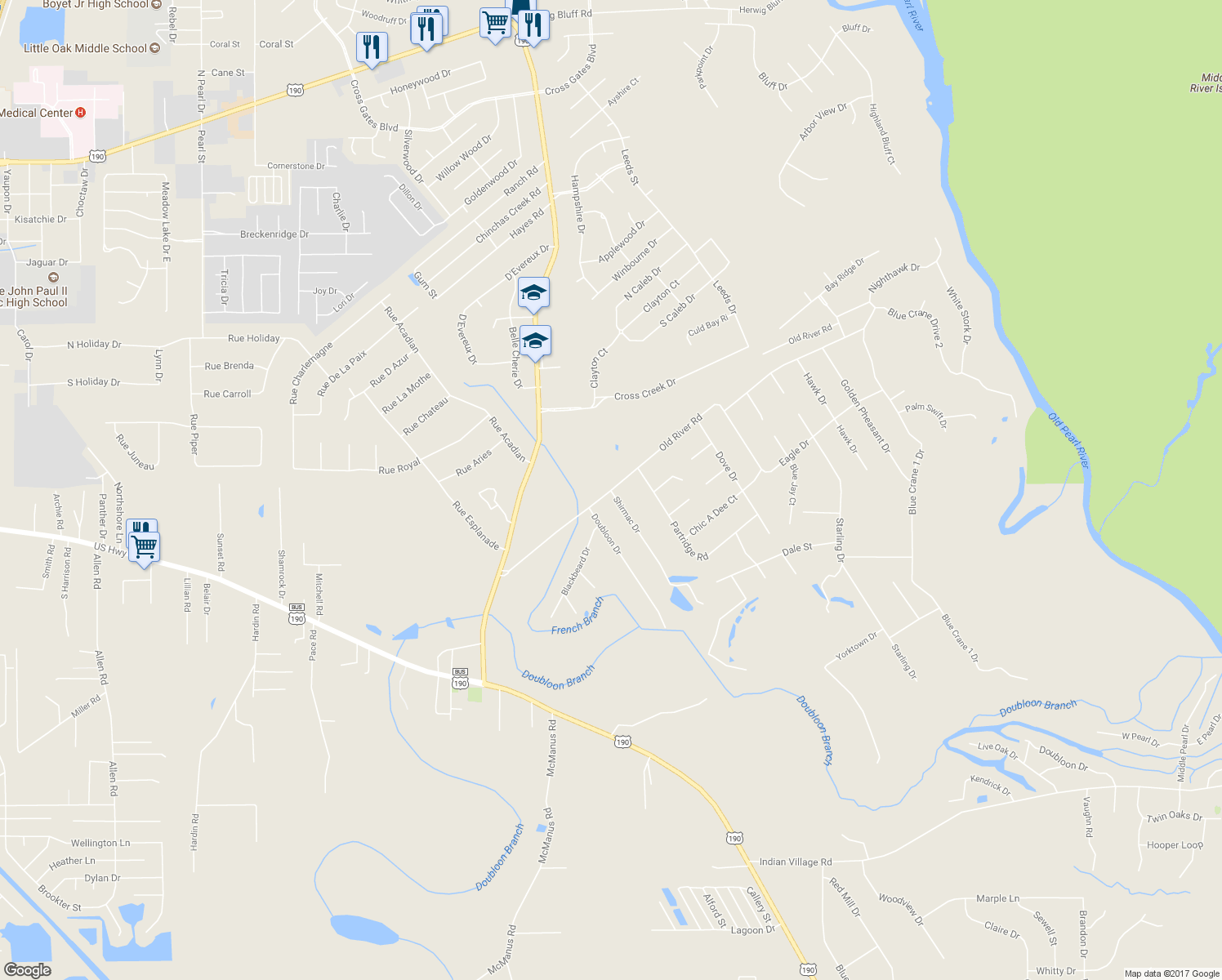 map of restaurants, bars, coffee shops, grocery stores, and more near 1980 Old River Rd in Slidell