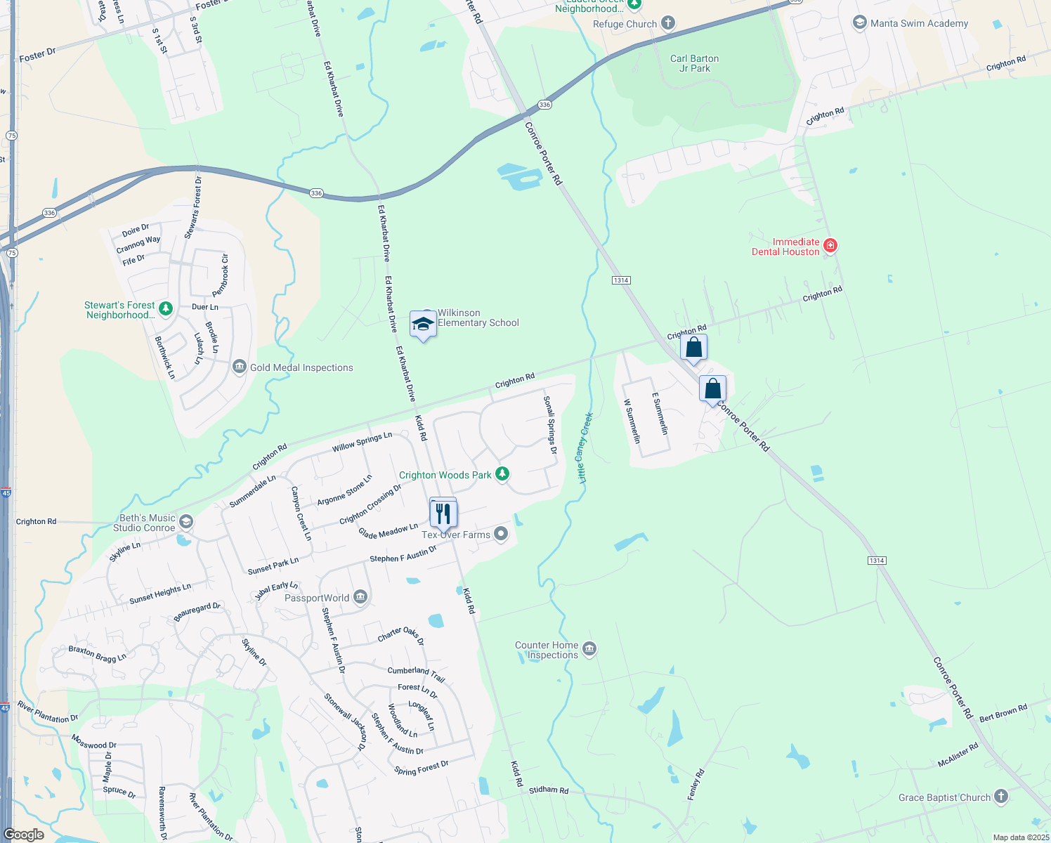 map of restaurants, bars, coffee shops, grocery stores, and more near 10117 Aspen Star Ct in Conroe