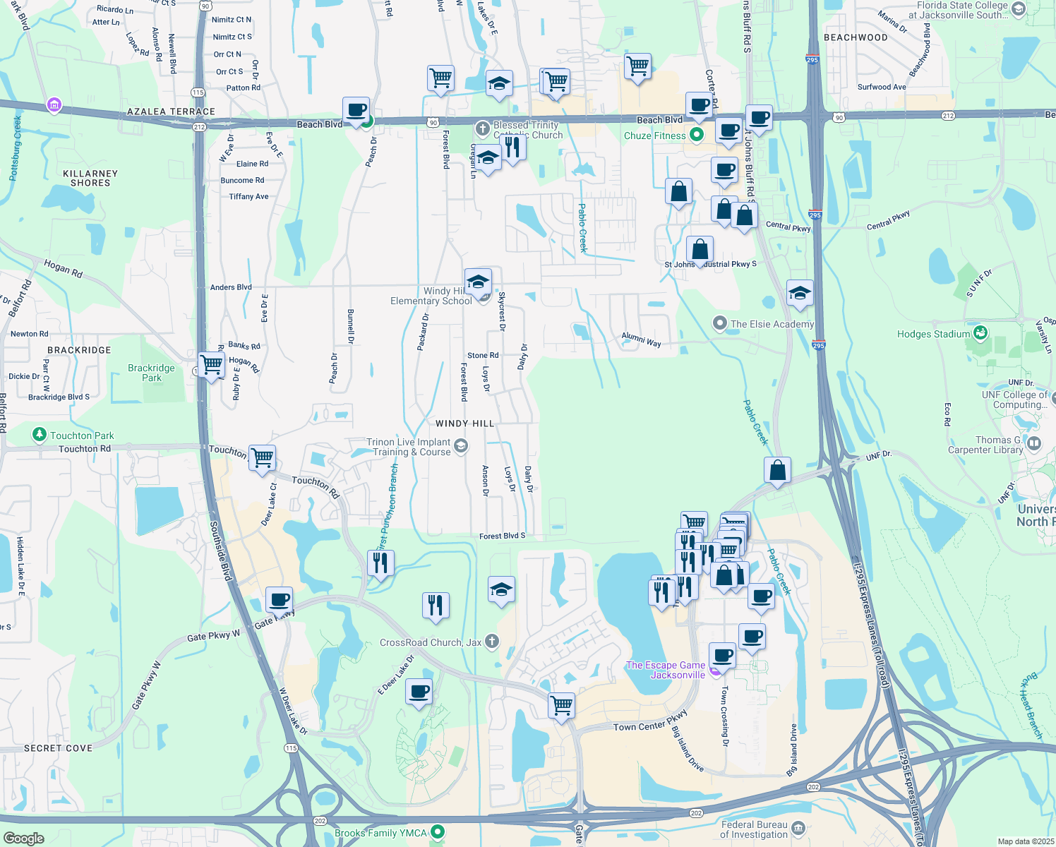 map of restaurants, bars, coffee shops, grocery stores, and more near Dalry Drive in Jacksonville
