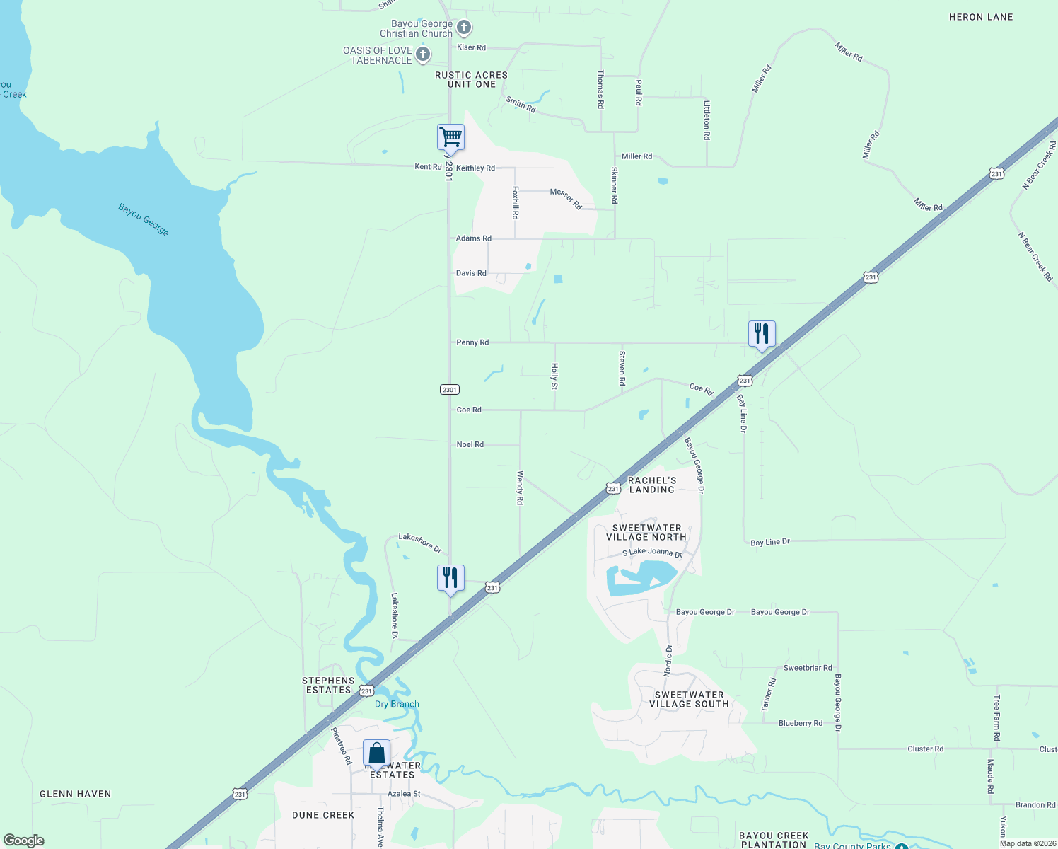 map of restaurants, bars, coffee shops, grocery stores, and more near 6728 Wendy Road in Panama City