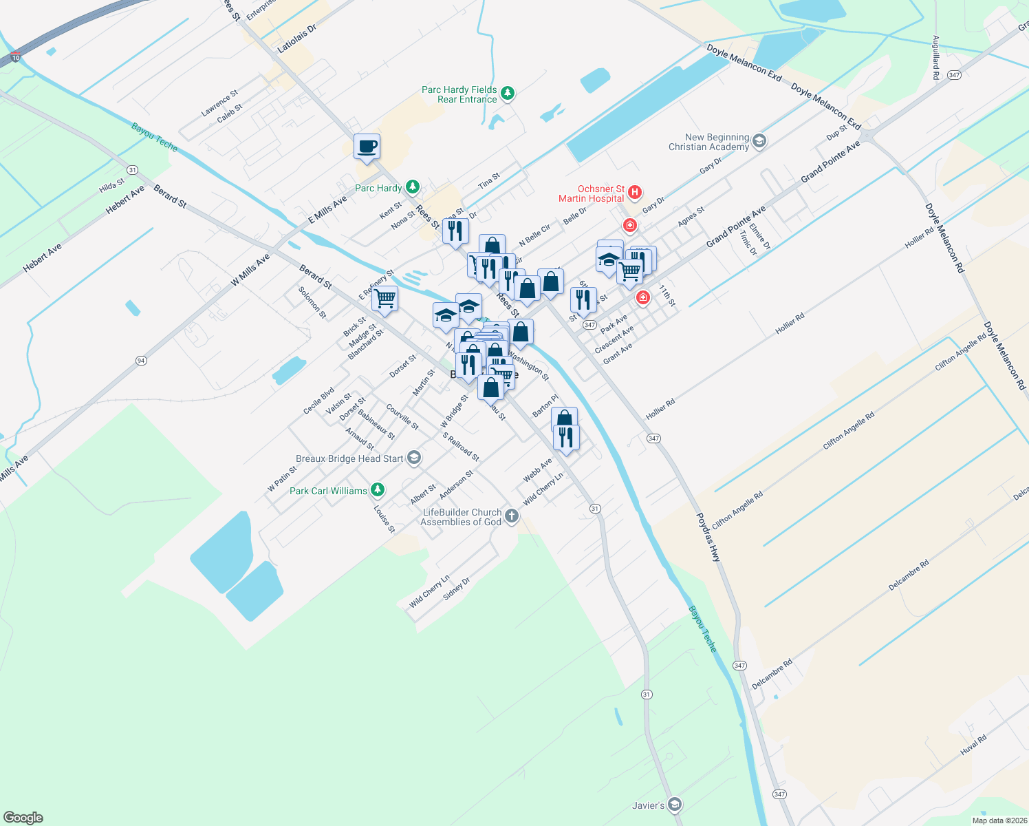 map of restaurants, bars, coffee shops, grocery stores, and more near 316 S Main St in Breaux Bridge