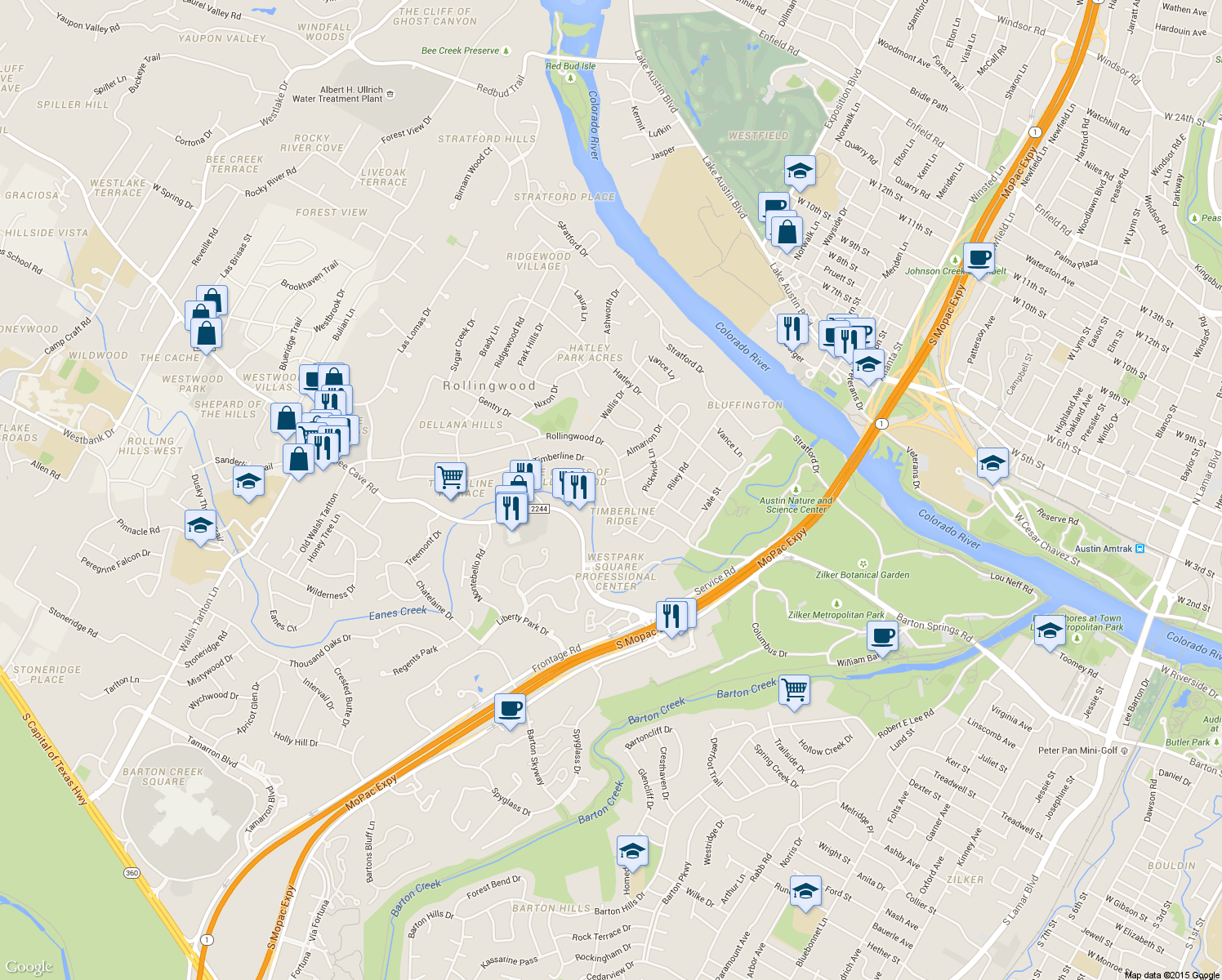 map of restaurants, bars, coffee shops, grocery stores, and more near 4712 Timberline Drive in Rollingwood