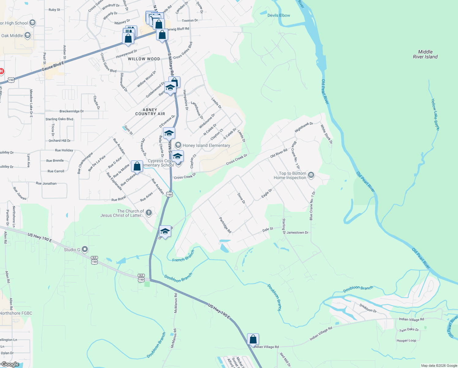 map of restaurants, bars, coffee shops, grocery stores, and more near 2014 Old River Rd in Slidell
