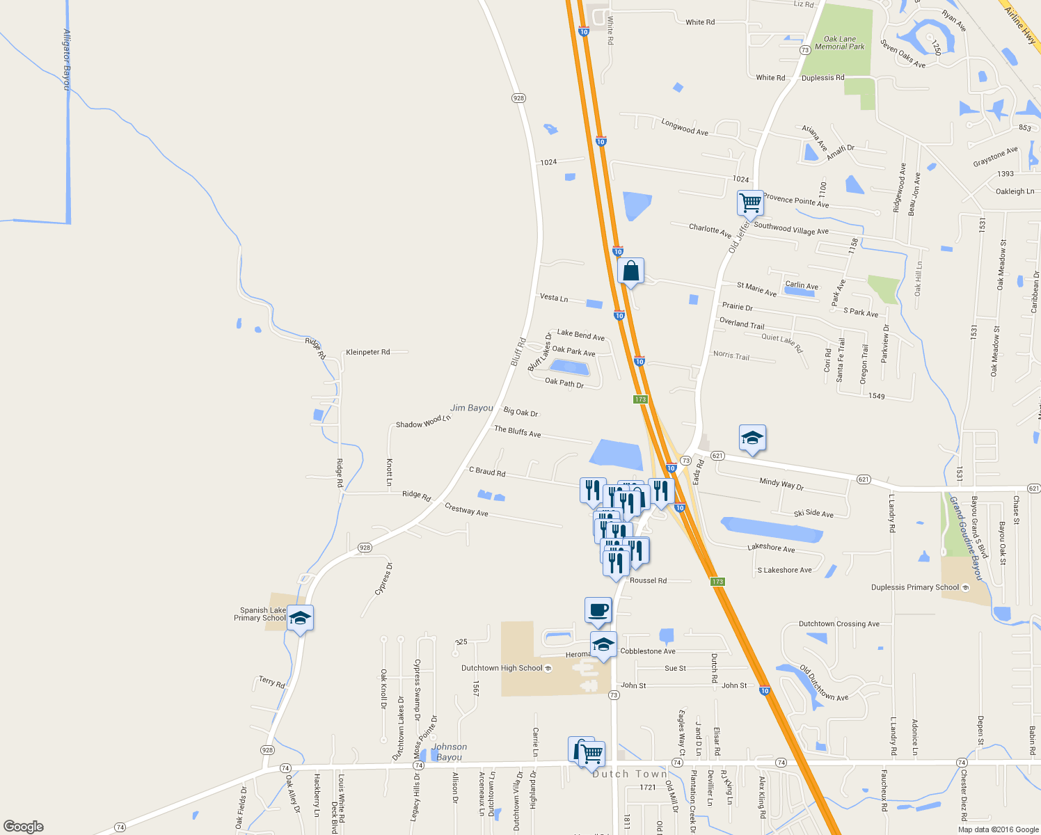 map of restaurants, bars, coffee shops, grocery stores, and more near 14206 Bluff Road in Prairieville
