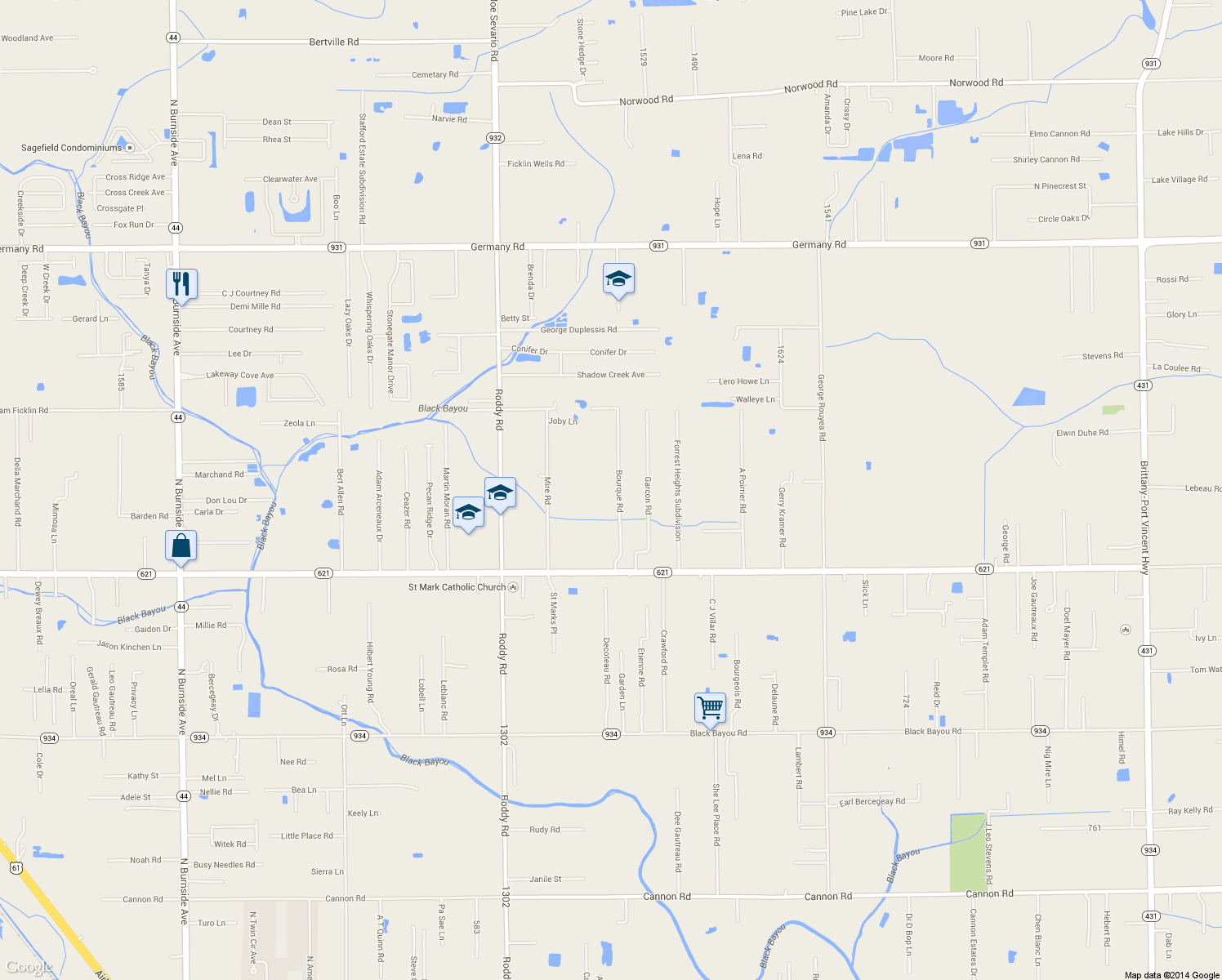 map of restaurants, bars, coffee shops, grocery stores, and more near 14133 Bourque Rd in Gonzales