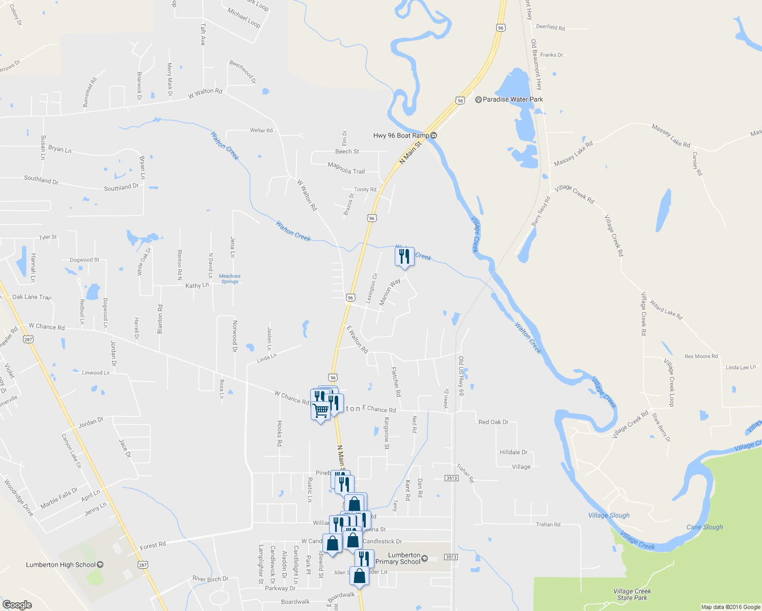 map of restaurants, bars, coffee shops, grocery stores, and more near 5360 Manion Way in Lumberton