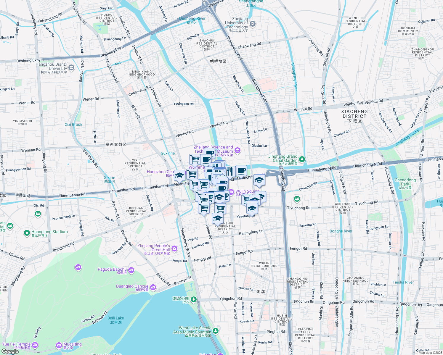 map of restaurants, bars, coffee shops, grocery stores, and more near 208 Huancheng North Road in Hangzhou Shi