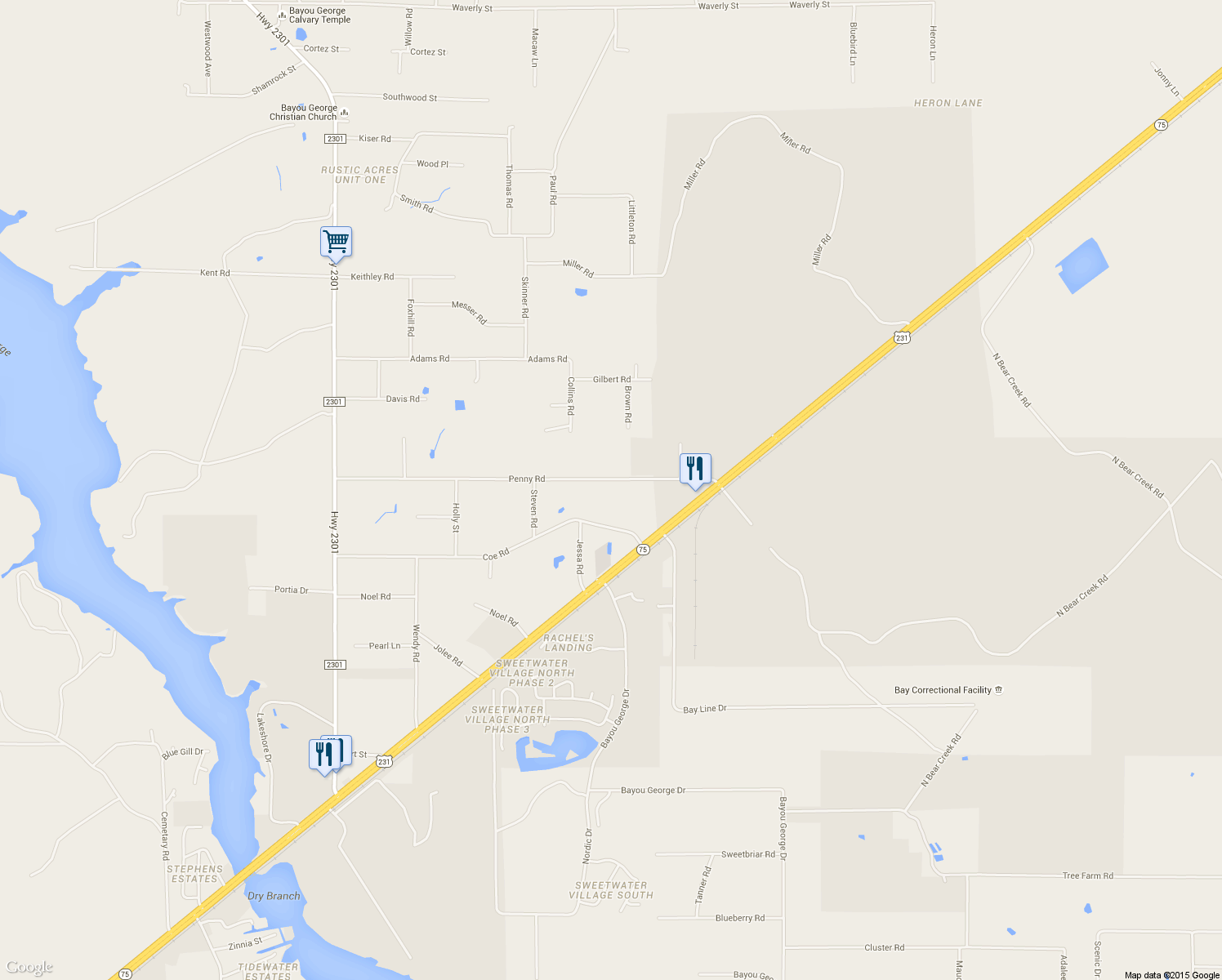 map of restaurants, bars, coffee shops, grocery stores, and more near 7340 Penny Road in Panama City