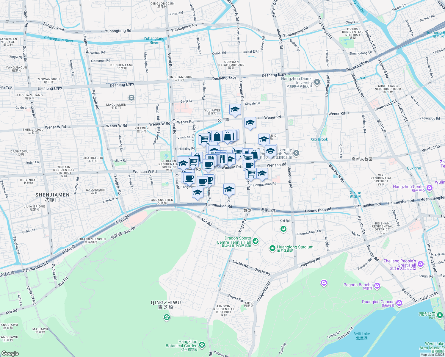 map of restaurants, bars, coffee shops, grocery stores, and more near 398 Wen San Lu in Hang Zhou Shi
