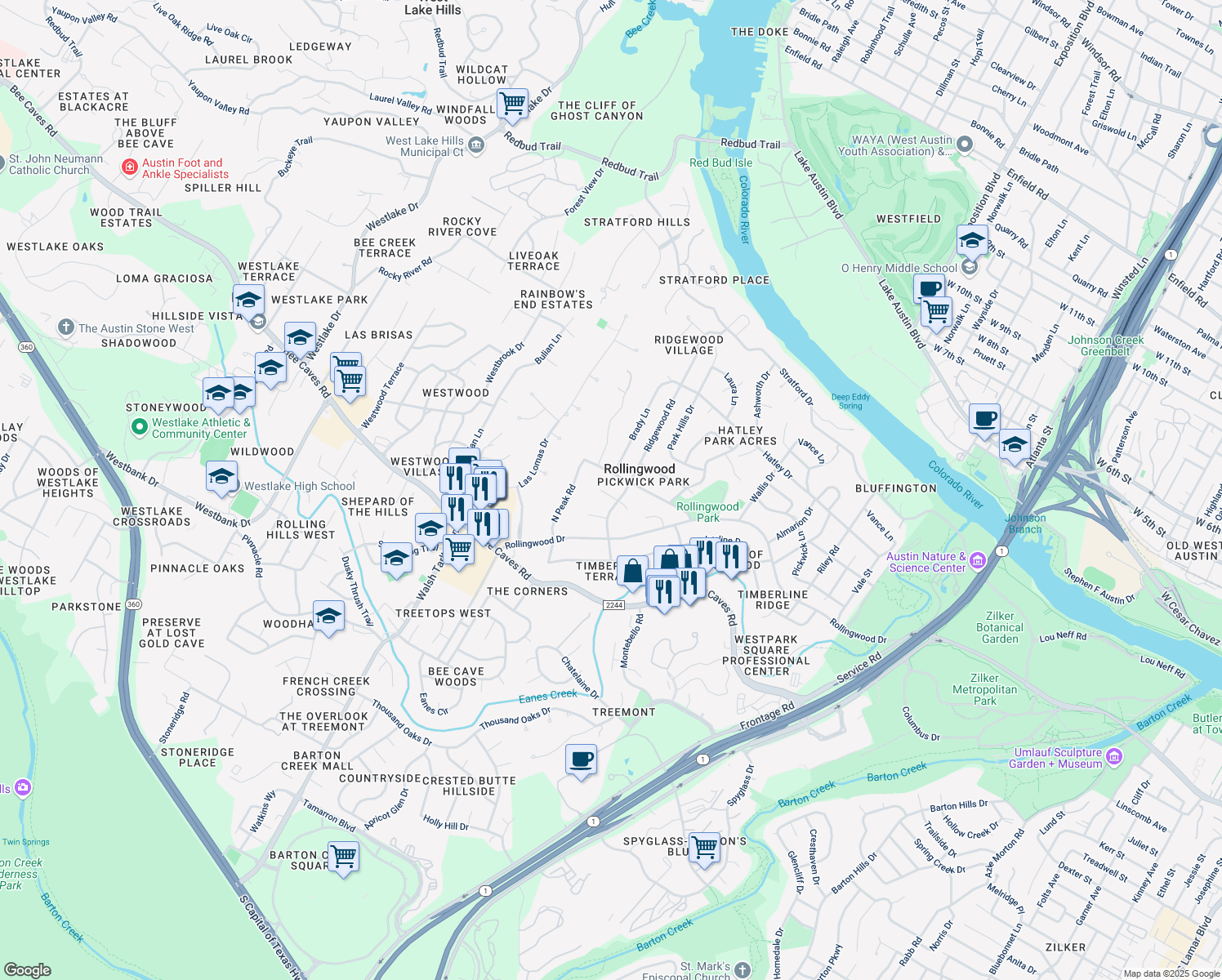map of restaurants, bars, coffee shops, grocery stores, and more near 5002 Jeffery Pl in West Lake Hills