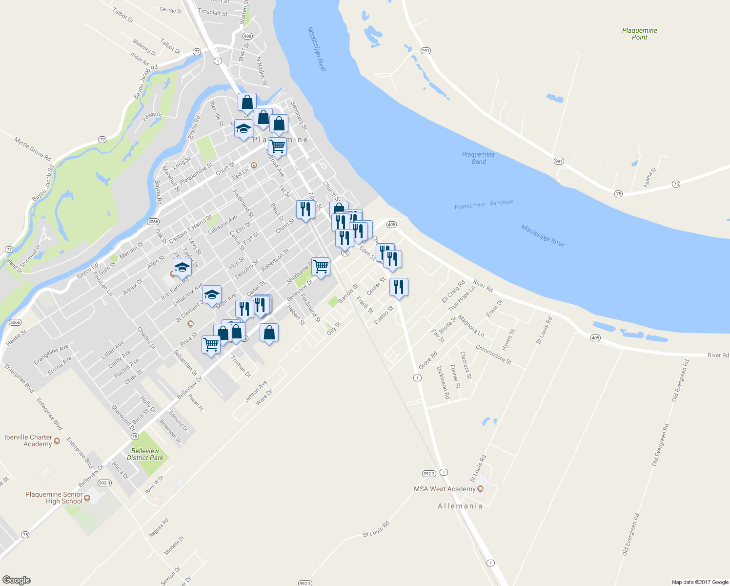 map of restaurants, bars, coffee shops, grocery stores, and more near 57964 Center Street in Plaquemine