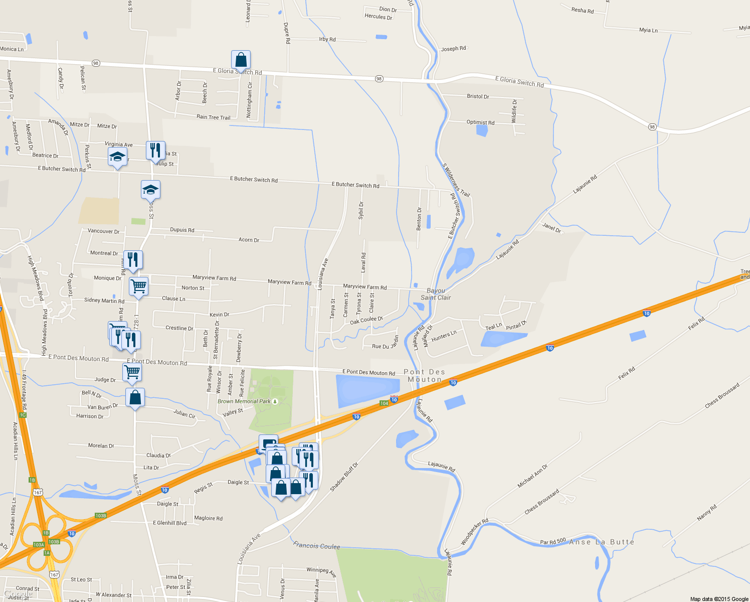 map of restaurants, bars, coffee shops, grocery stores, and more near 107 Claire St in Lafayette