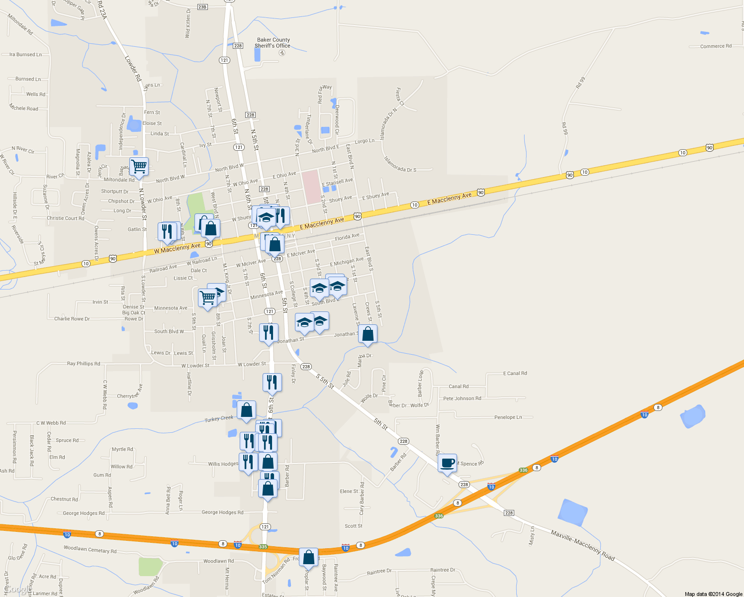 map of restaurants, bars, coffee shops, grocery stores, and more near 533 Crews Street in Macclenny