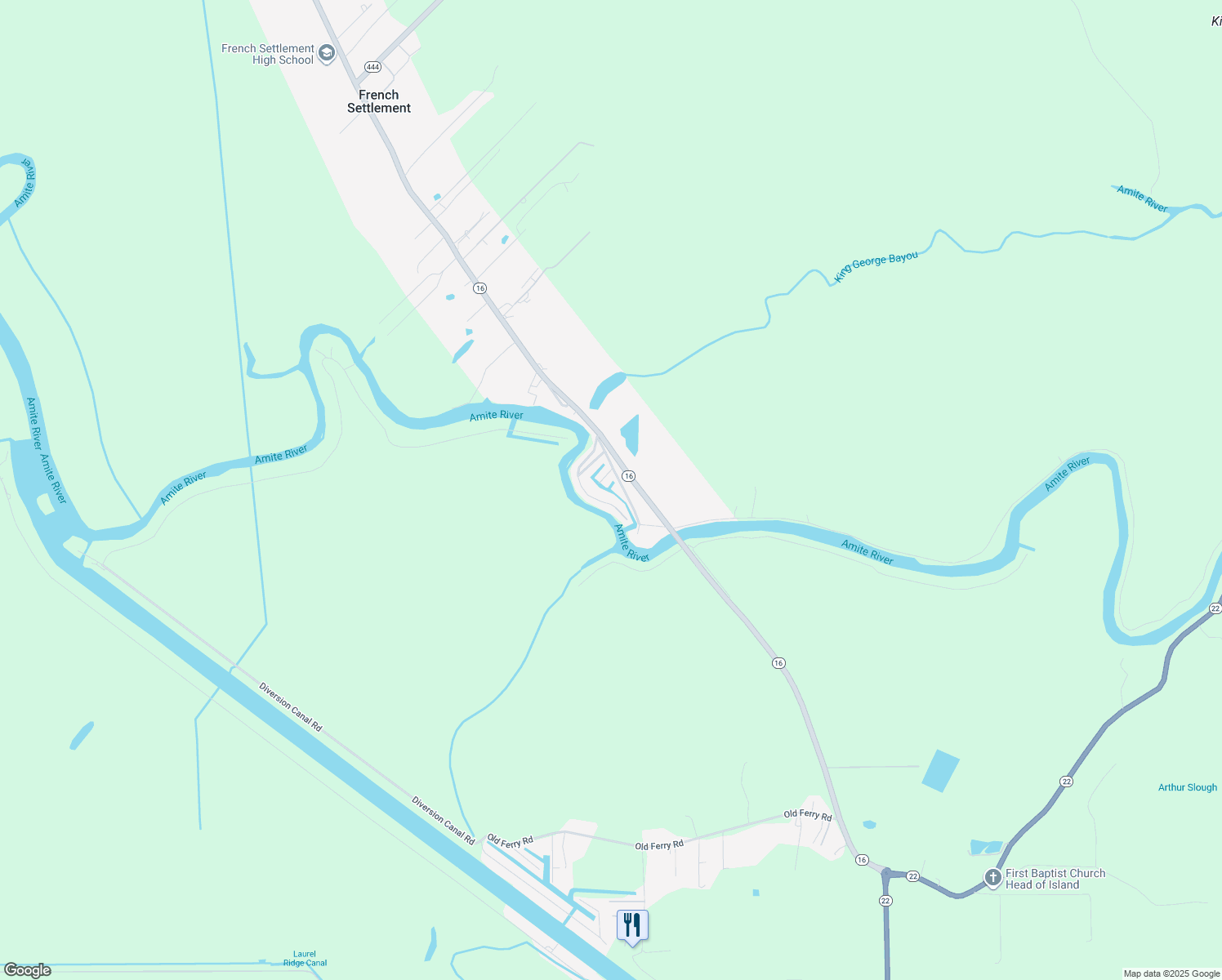 map of restaurants, bars, coffee shops, grocery stores, and more near 14352 Mecca Road in French Settlement