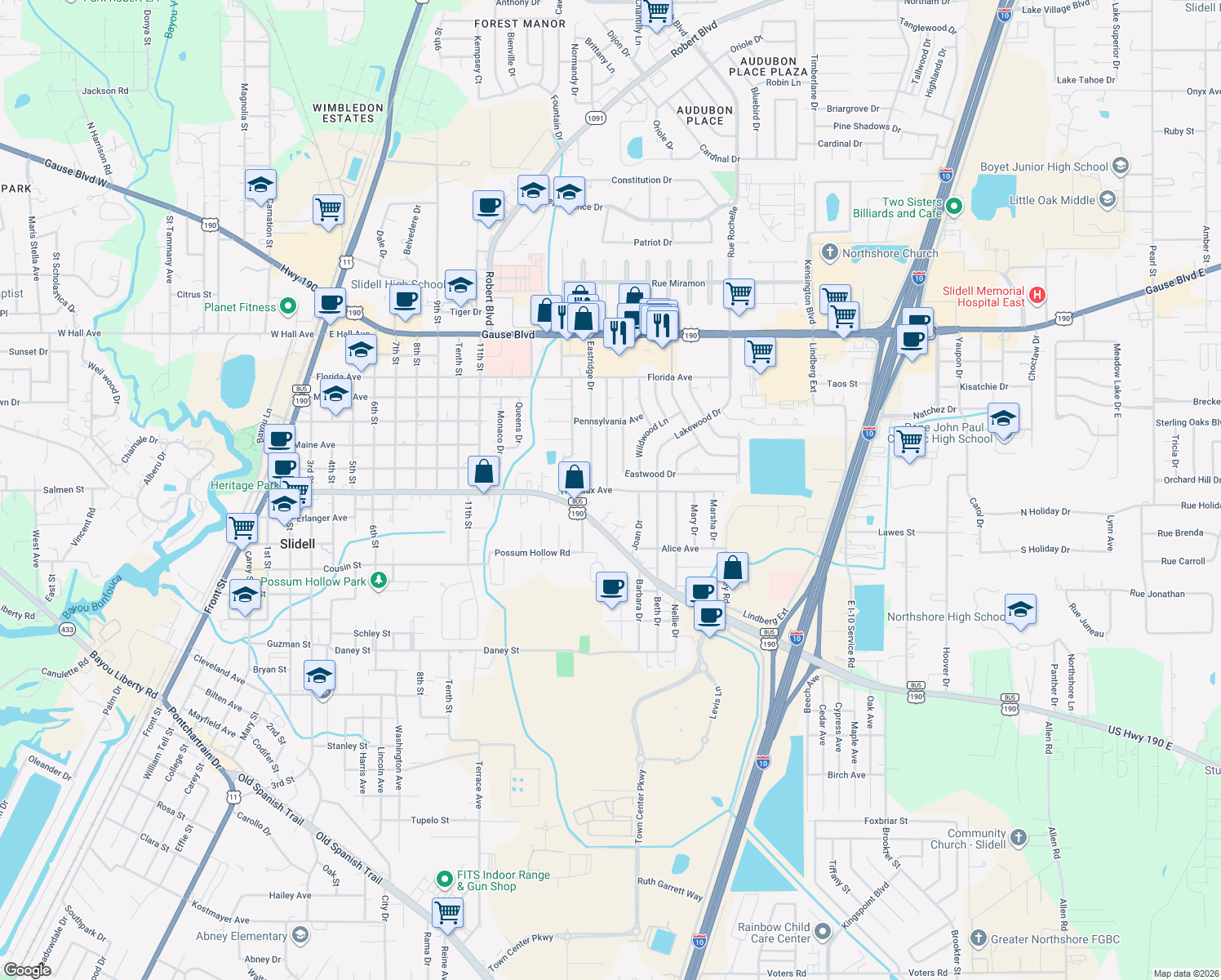 map of restaurants, bars, coffee shops, grocery stores, and more near 1449 Fremaux Avenue in Slidell