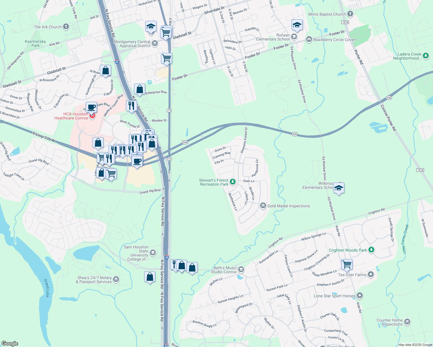 map of restaurants, bars, coffee shops, grocery stores, and more near 1906 Orkney Lane in Conroe