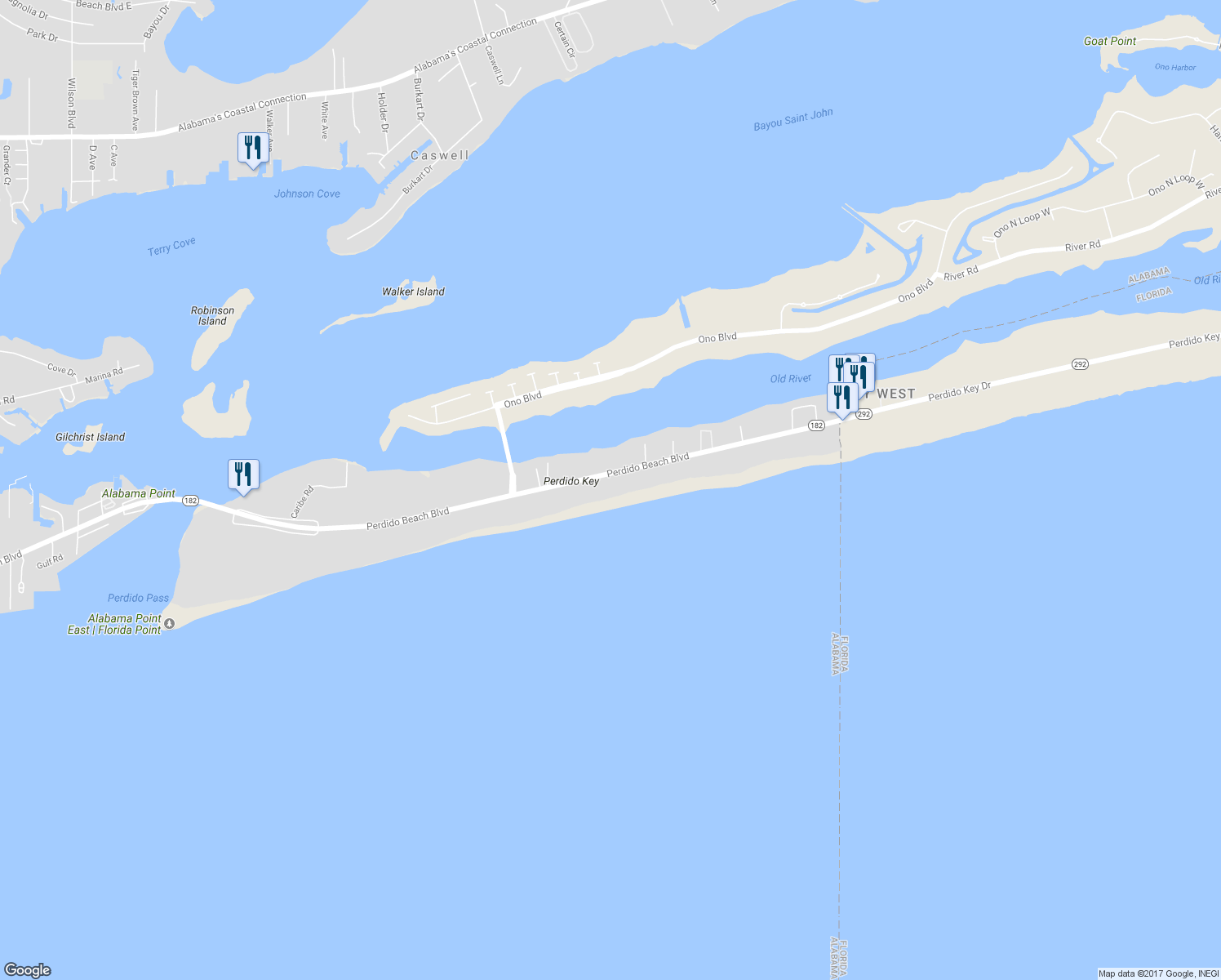 map of restaurants, bars, coffee shops, grocery stores, and more near 29030 Perdido Beach Boulevard in Orange Beach