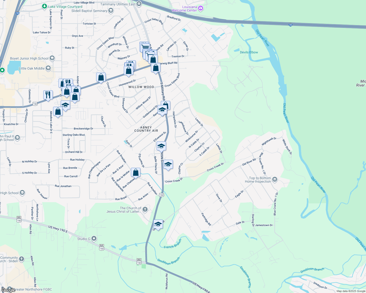 map of restaurants, bars, coffee shops, grocery stores, and more near 514 Winbourne Dr in Slidell