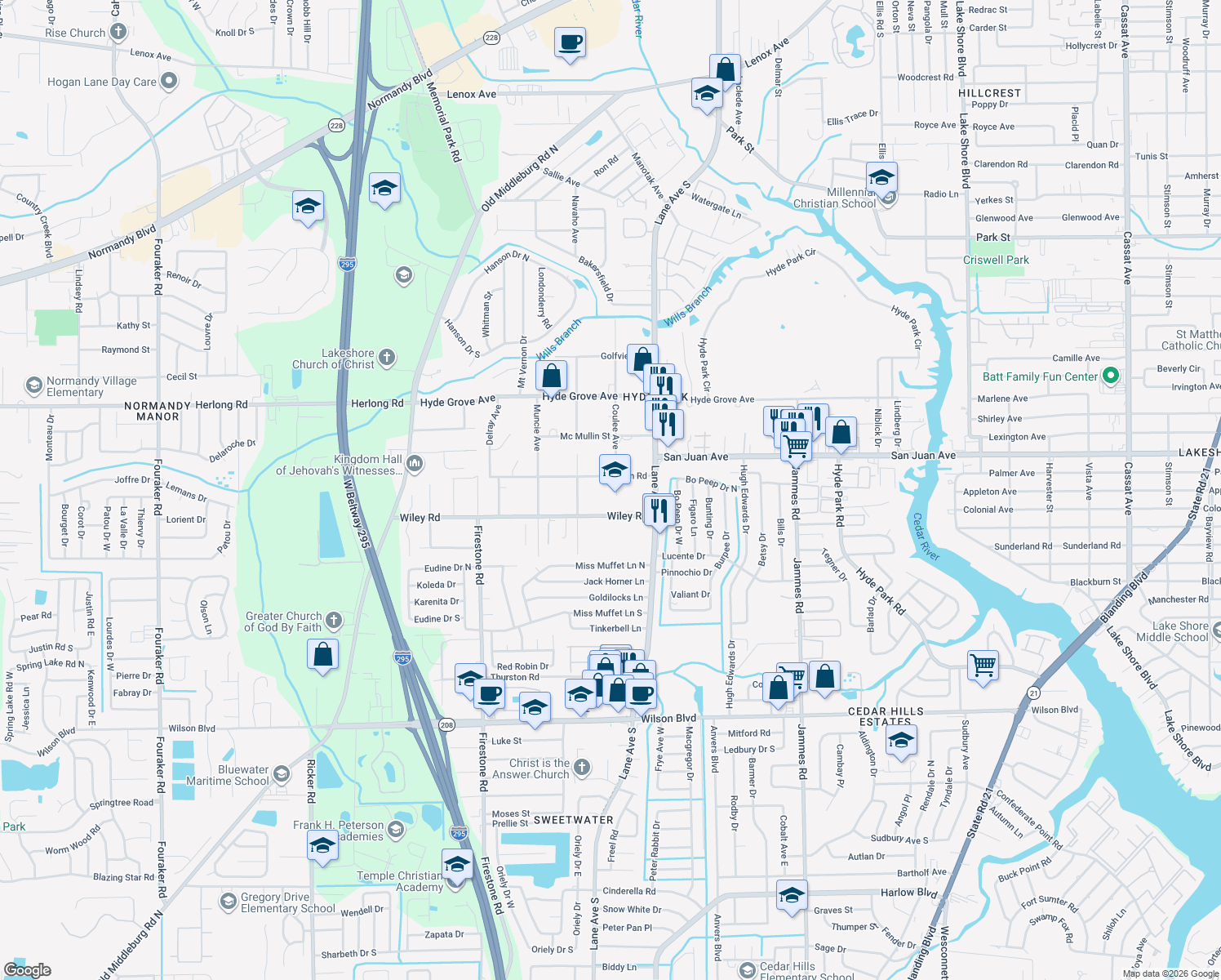 map of restaurants, bars, coffee shops, grocery stores, and more near 6804 Dayton Road in Jacksonville