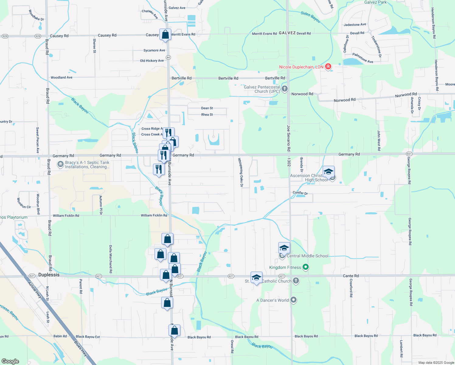 map of restaurants, bars, coffee shops, grocery stores, and more near 41260 Courtney Road in Gonzales