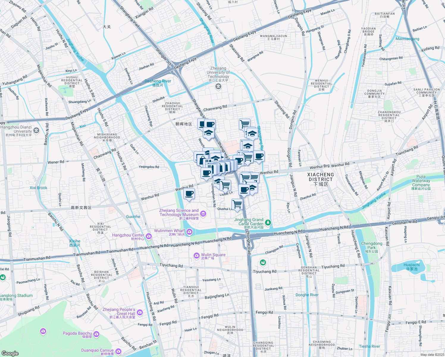 map of restaurants, bars, coffee shops, grocery stores, and more near Wen Hui Lu in Hangzhou Shi