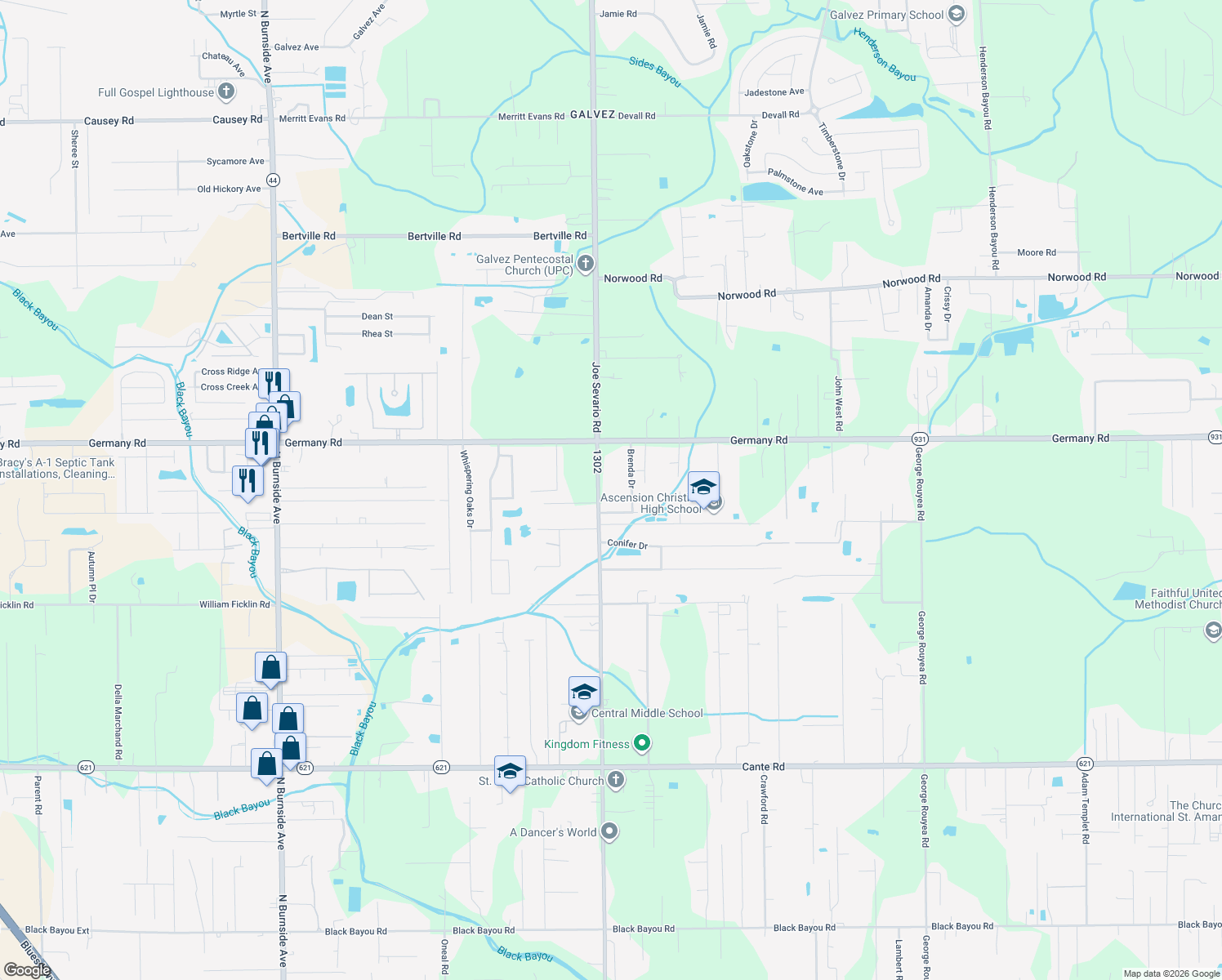 map of restaurants, bars, coffee shops, grocery stores, and more near 14456 Roddy Rd in Gonzales