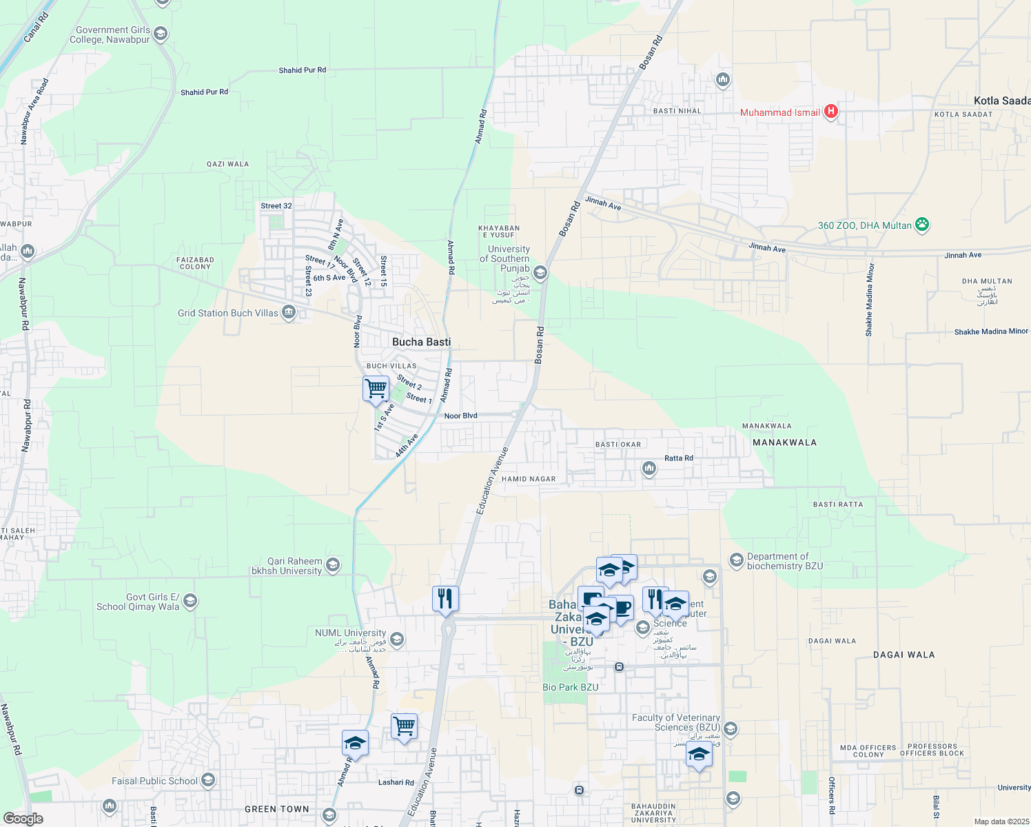 map of restaurants, bars, coffee shops, grocery stores, and more near بوسن روڈ in ملتان
