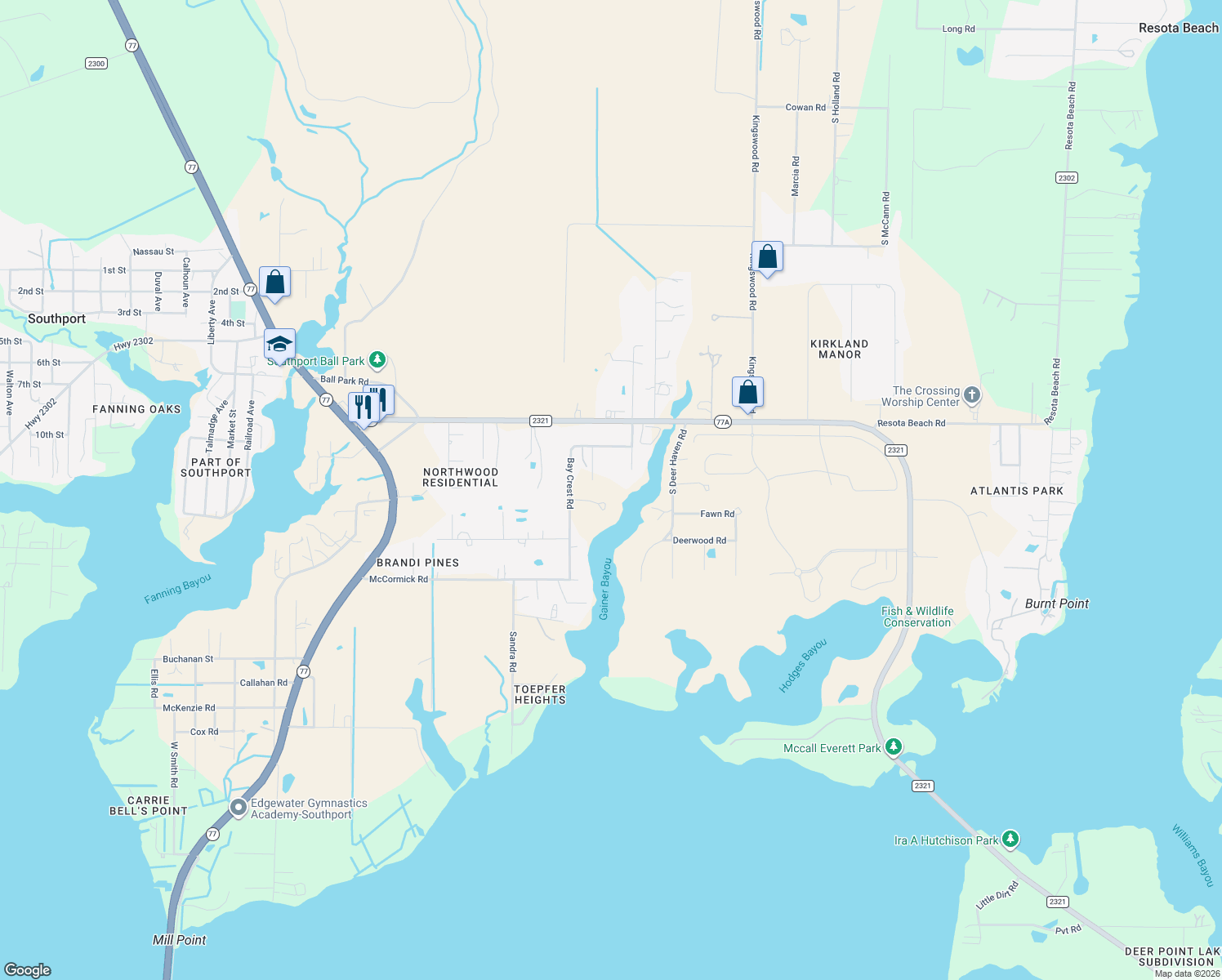 map of restaurants, bars, coffee shops, grocery stores, and more near 7318 Russo Road in Southport