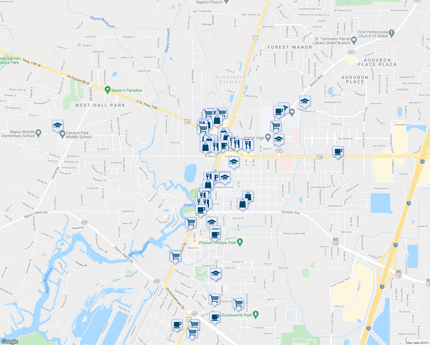 map of restaurants, bars, coffee shops, grocery stores, and more near 1404 Front Street in Slidell