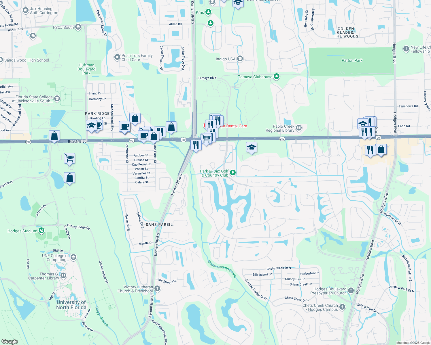 map of restaurants, bars, coffee shops, grocery stores, and more near 3654 Saltmeadow Ct N in Jacksonville
