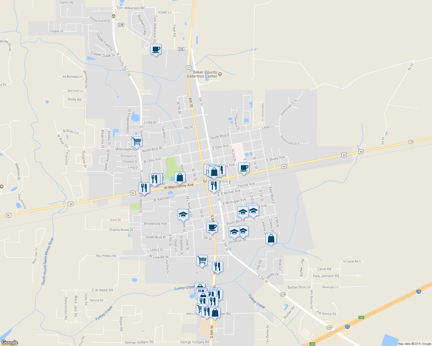 map of restaurants, bars, coffee shops, grocery stores, and more near 59 North 5th Street in Macclenny