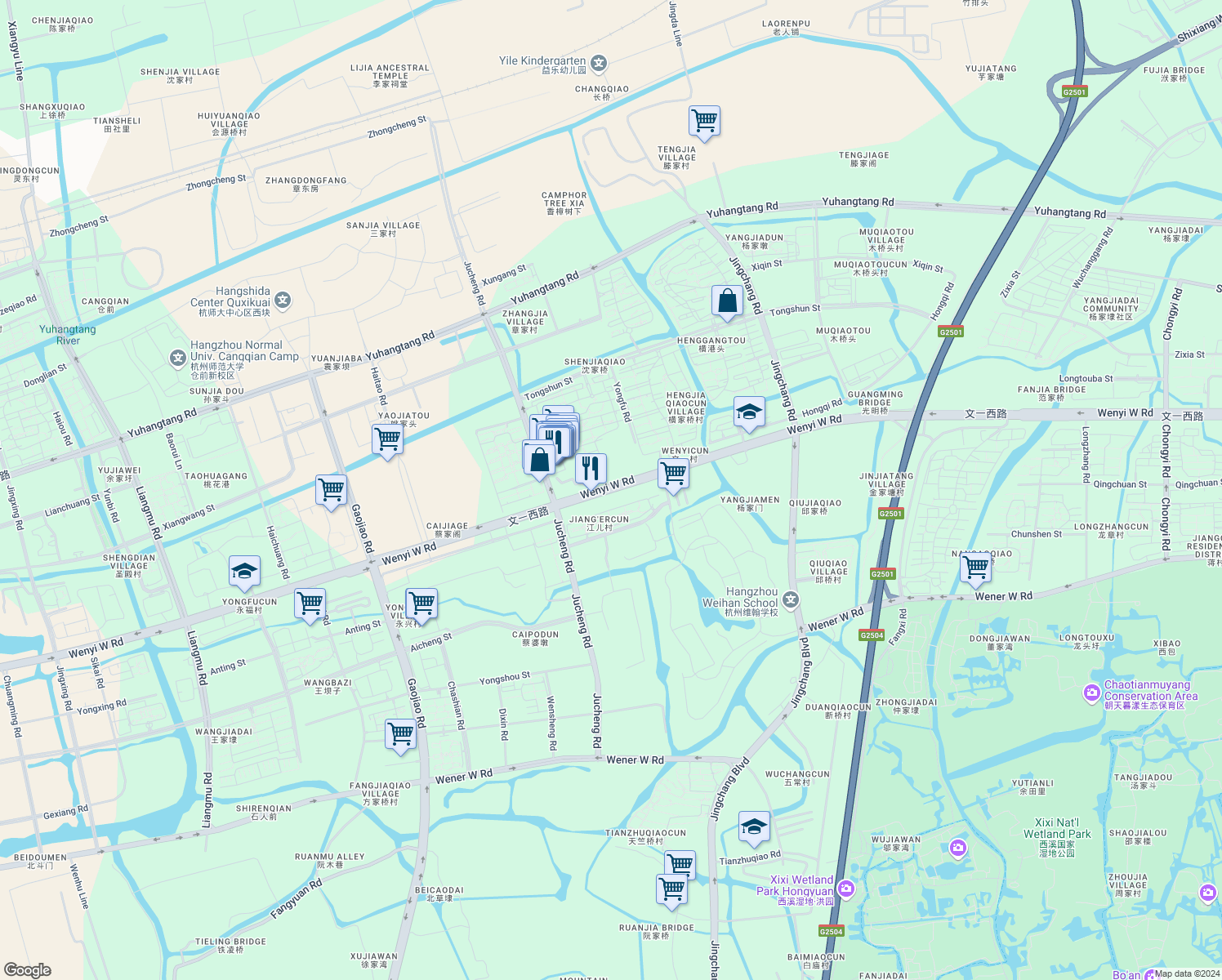 map of restaurants, bars, coffee shops, grocery stores, and more near Wen Yi Xi Lu in Hang Zhou Shi