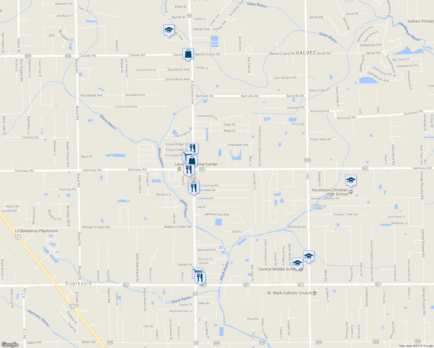 map of restaurants, bars, coffee shops, grocery stores, and more near 41109 Louisiana 931 in Gonzales