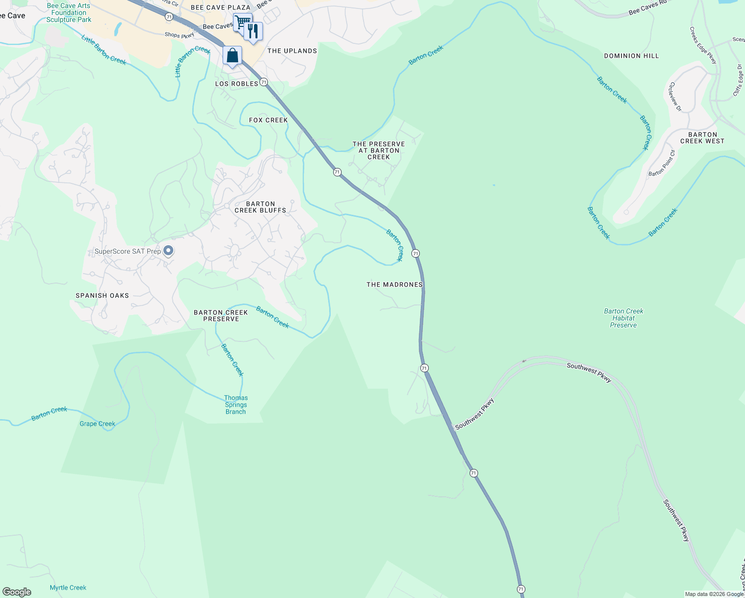 map of restaurants, bars, coffee shops, grocery stores, and more near 11029 Arroyo Canyon Drive in Austin