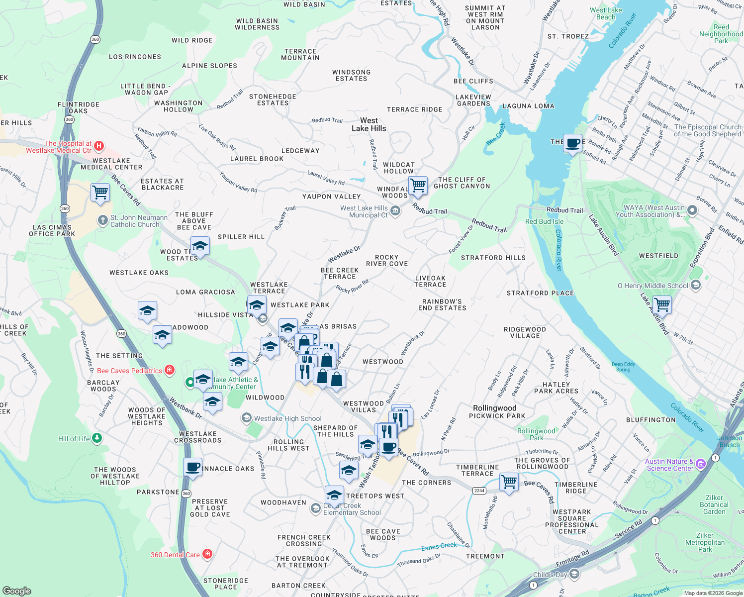 map of restaurants, bars, coffee shops, grocery stores, and more near 600 Rocky Ledge Rd in West Lake Hills