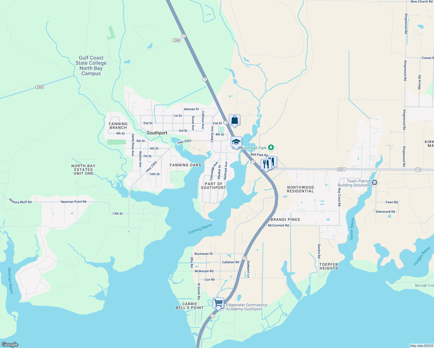 map of restaurants, bars, coffee shops, grocery stores, and more near 1725 Pope Street in Southport