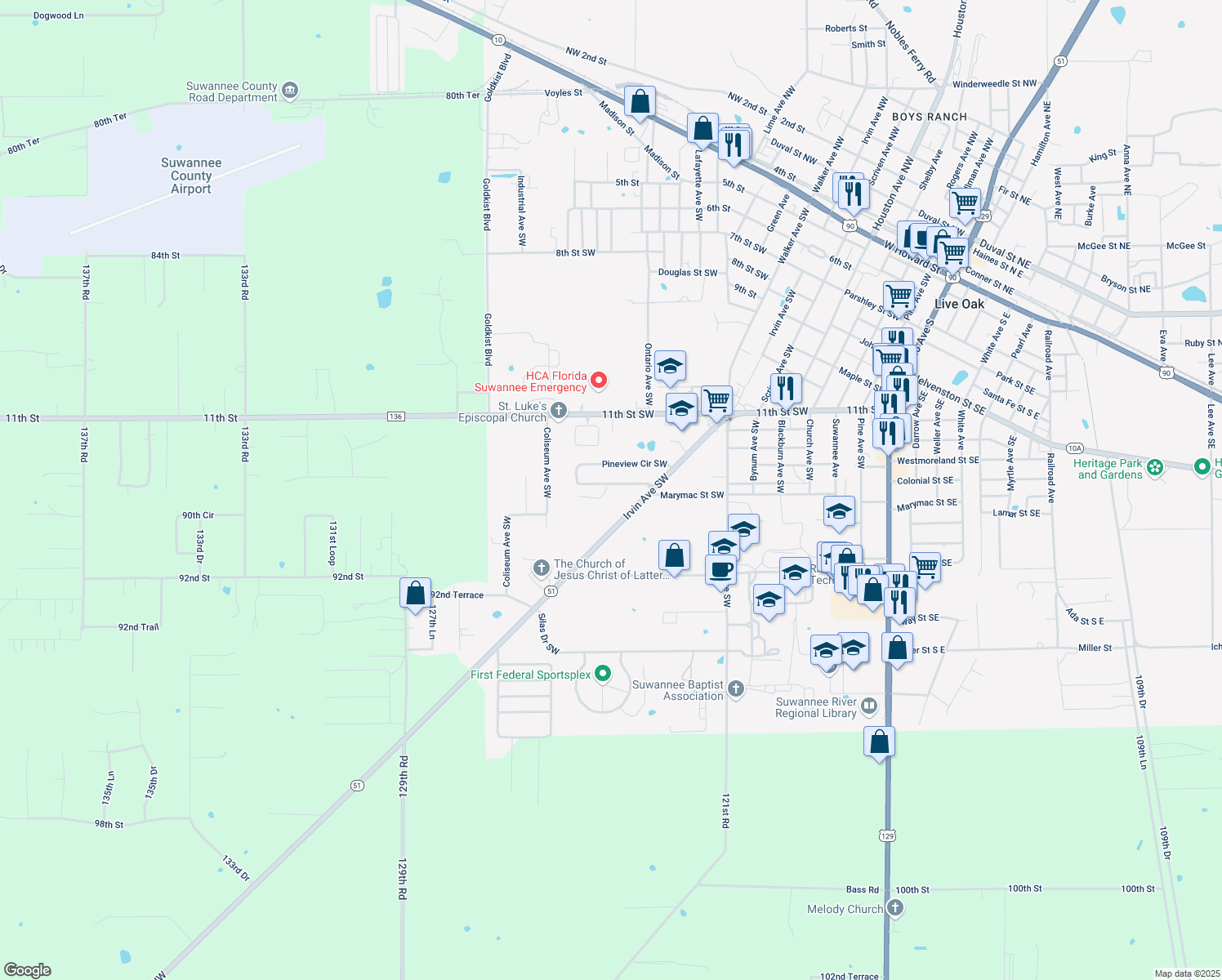 map of restaurants, bars, coffee shops, grocery stores, and more near 1043 Pineview Circle Southwest in Live Oak