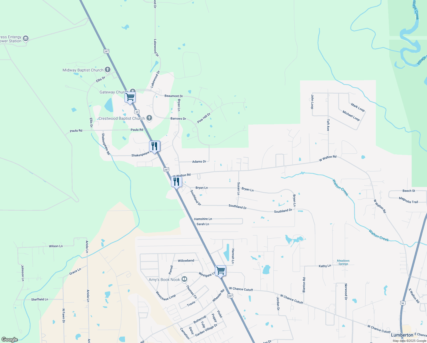 map of restaurants, bars, coffee shops, grocery stores, and more near 1440 West Walton Road in Lumberton
