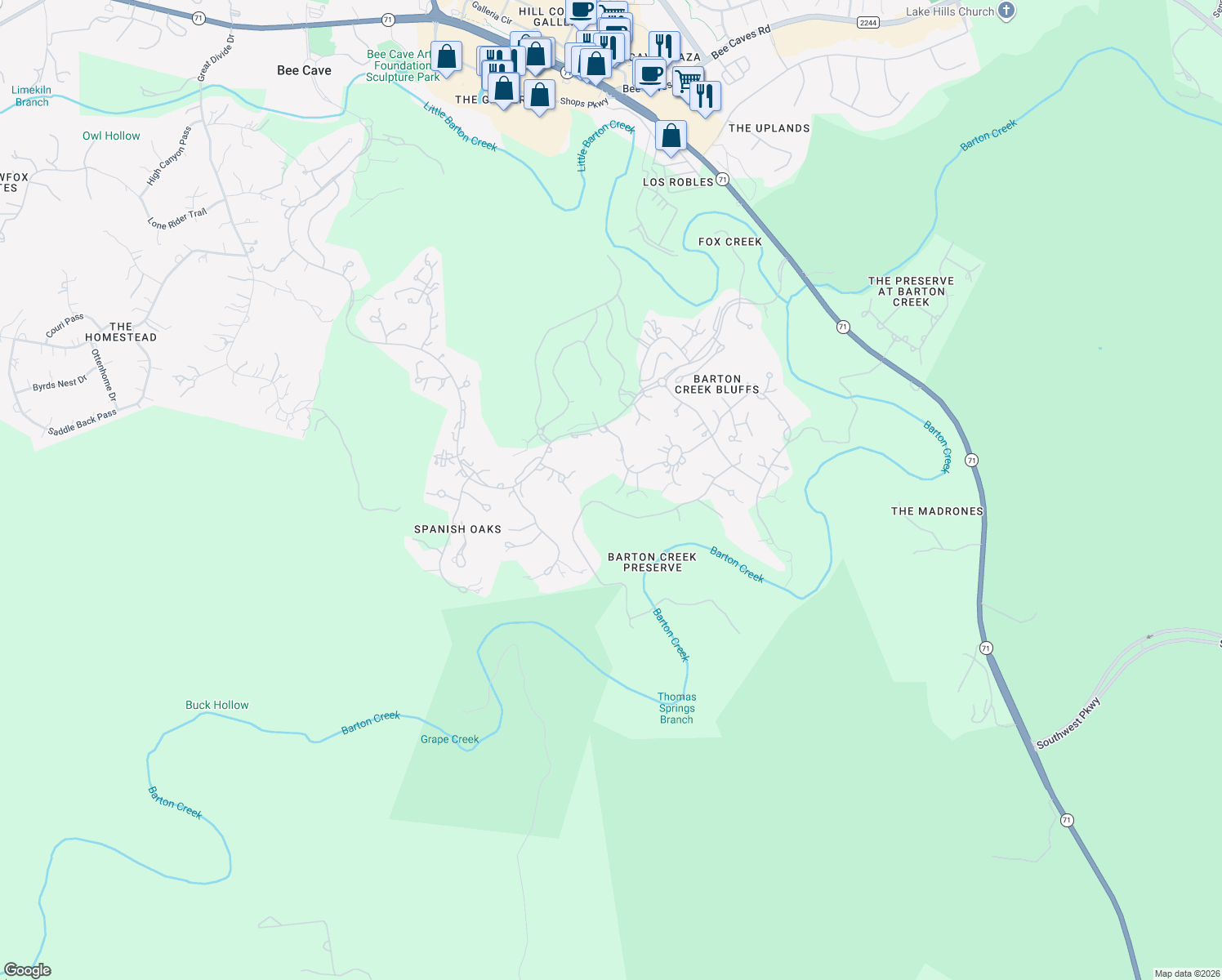 map of restaurants, bars, coffee shops, grocery stores, and more near 12105 Musket Rim Street in Austin