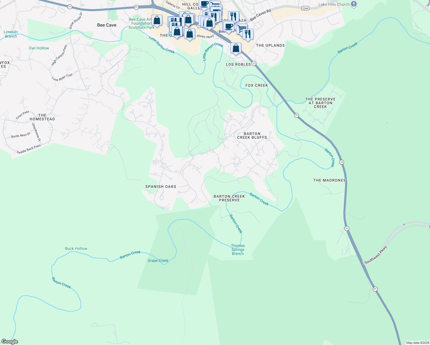 map of restaurants, bars, coffee shops, grocery stores, and more near 12105 Musket Rim Street in Austin
