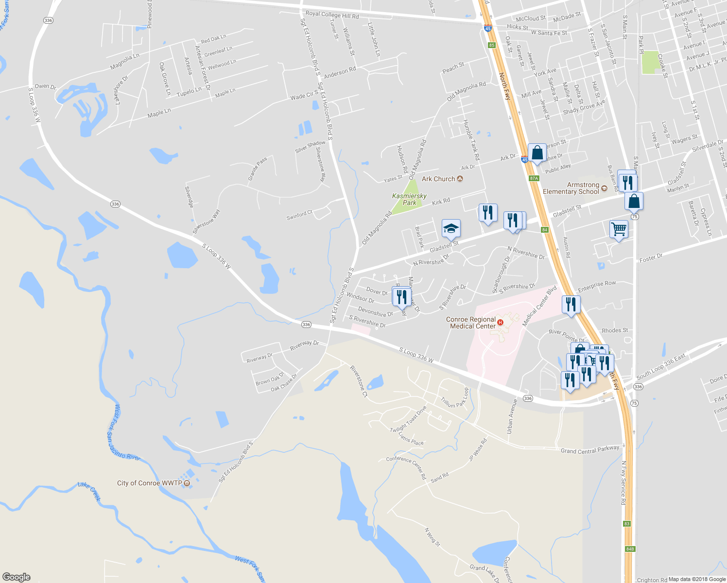 map of restaurants, bars, coffee shops, grocery stores, and more near 29 Dover Drive in Conroe