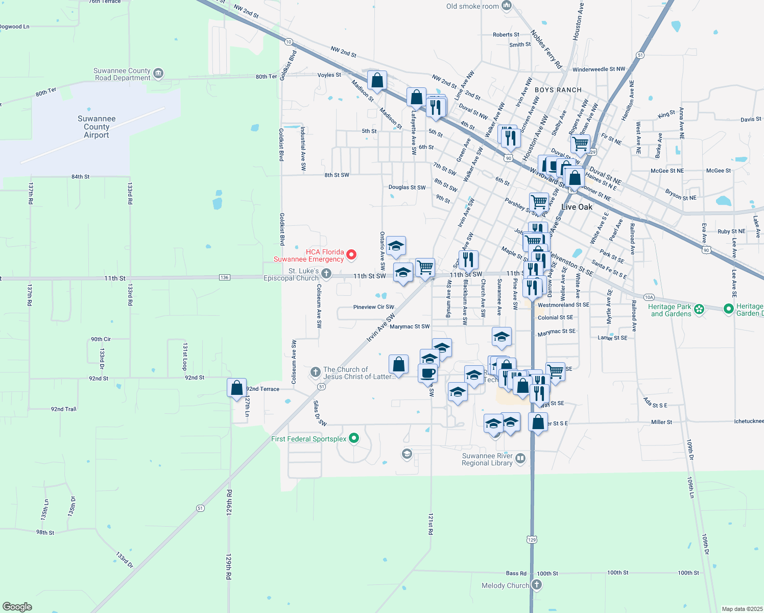 map of restaurants, bars, coffee shops, grocery stores, and more near 934 Pineview Cir SW in Live Oak