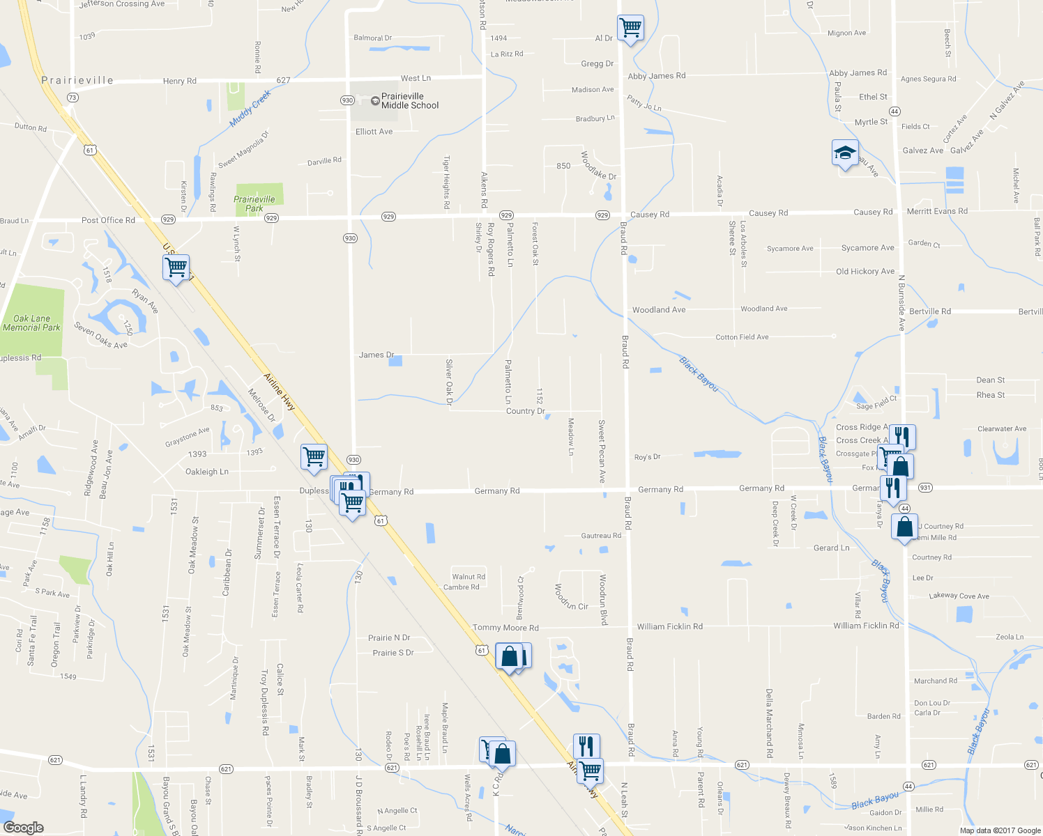 map of restaurants, bars, coffee shops, grocery stores, and more near 39241 Country Drive in Prairieville