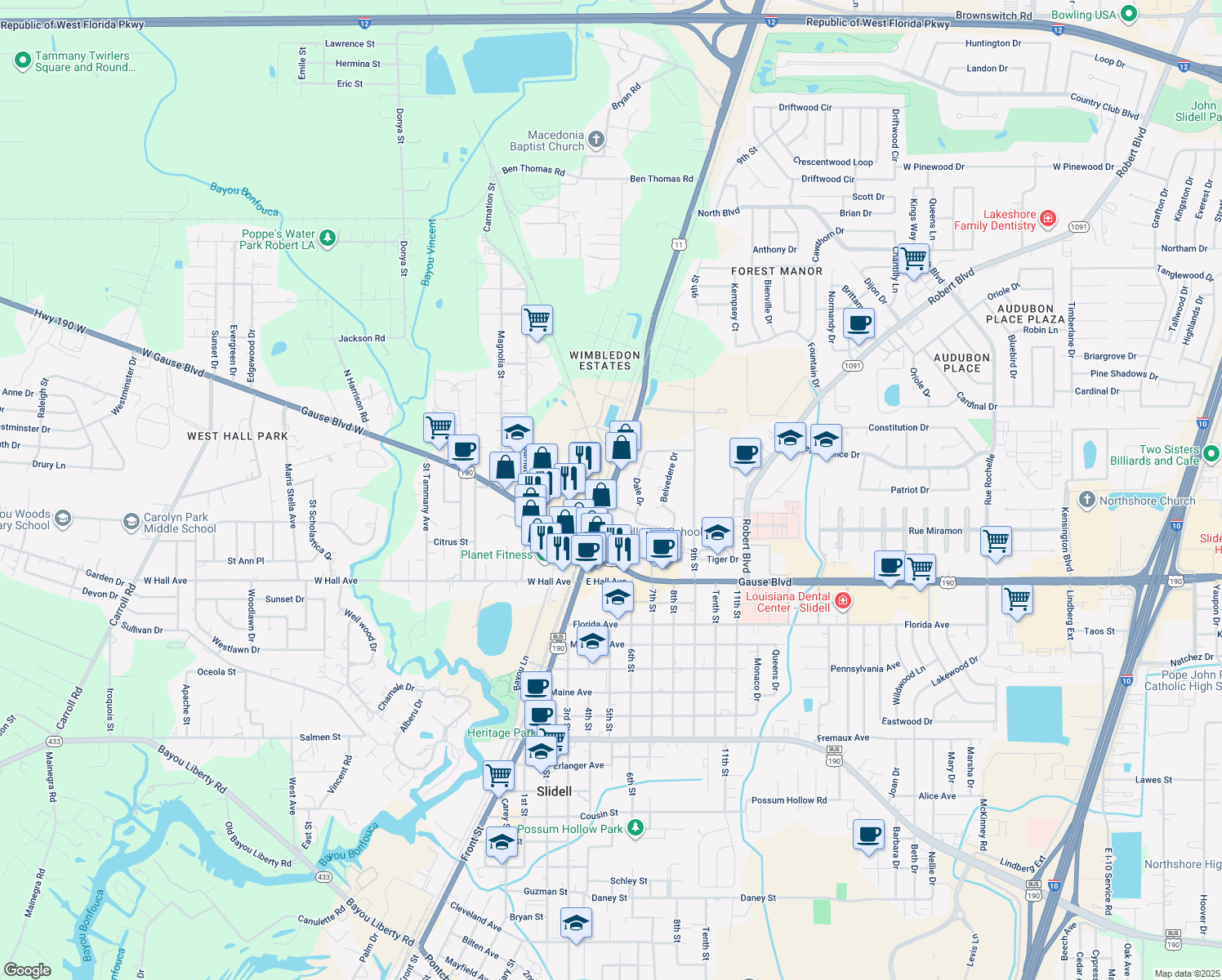 map of restaurants, bars, coffee shops, grocery stores, and more near 1161 Front St in Slidell