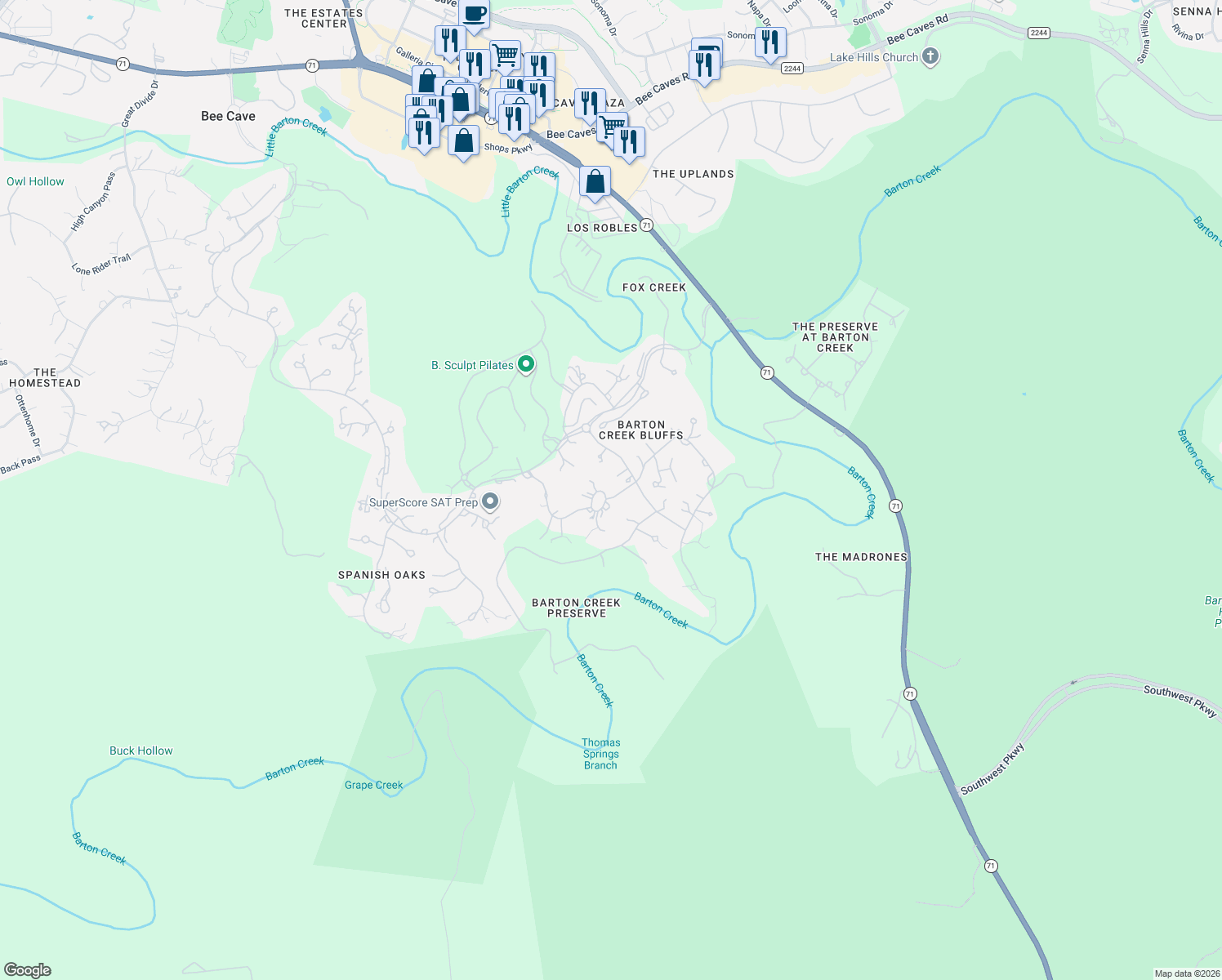 map of restaurants, bars, coffee shops, grocery stores, and more near 11900 Musket Rim Street in Austin