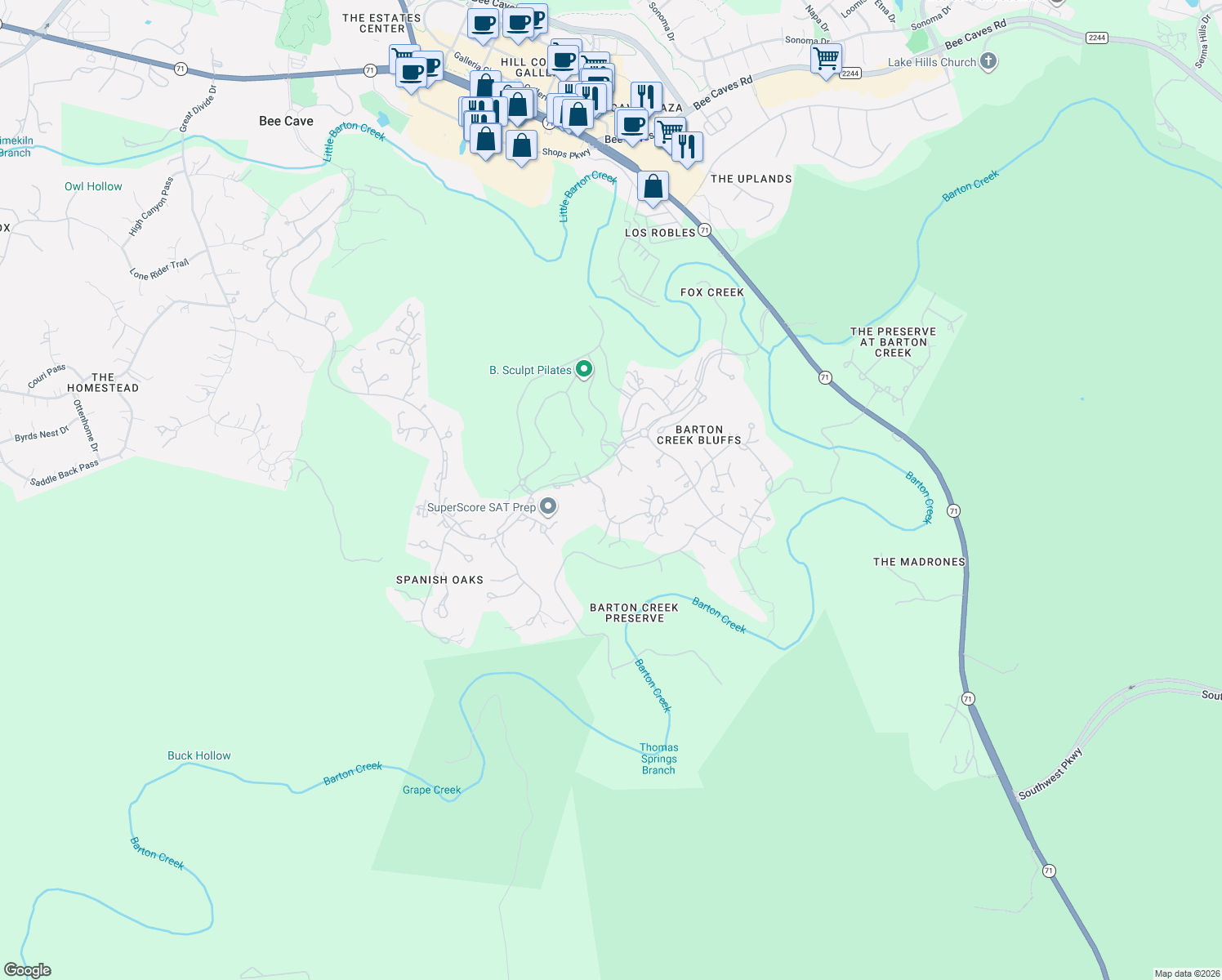 map of restaurants, bars, coffee shops, grocery stores, and more near 12200 Musket Rim Street in Austin